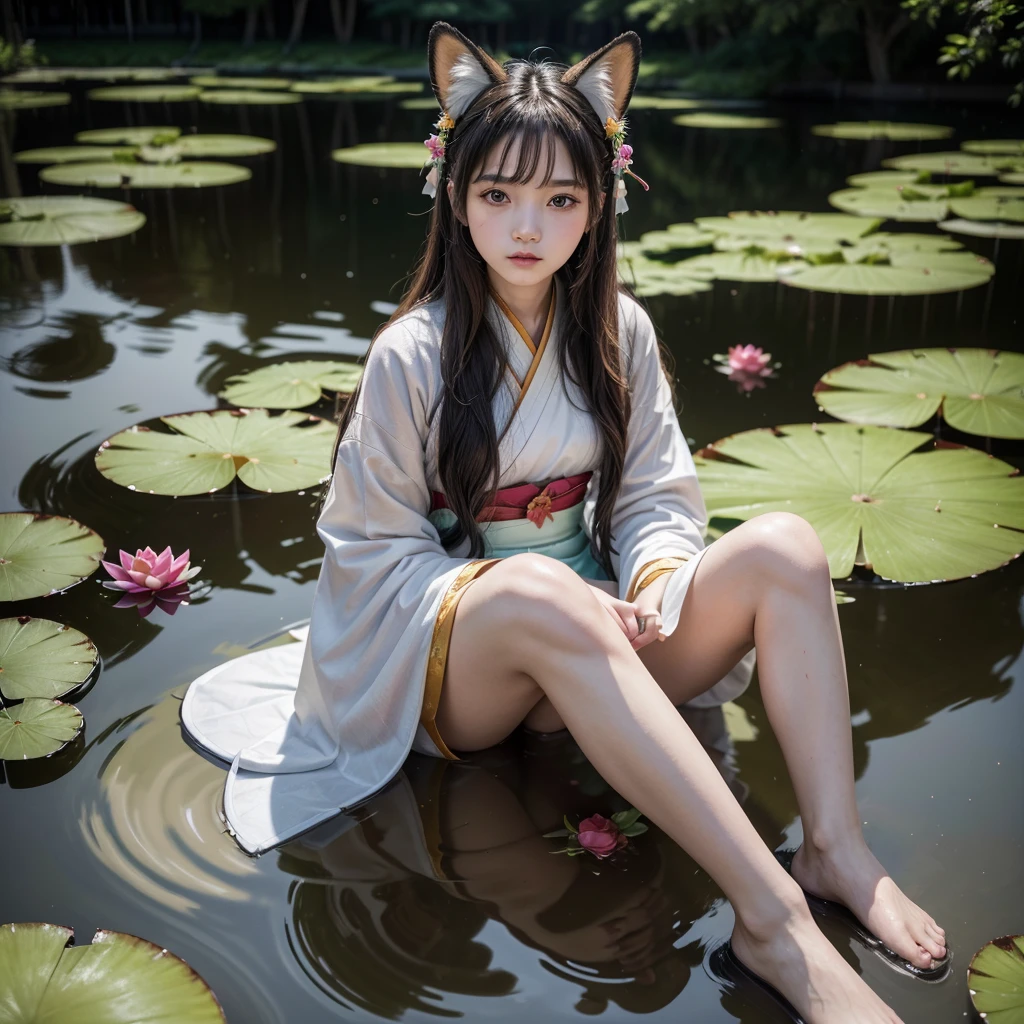 absurderes, high resolution, ultra detaild, (1 girl:1.3), Hand drawn, simple line, 16 year old in colorful Chinese Hanfu, sexy girl with fox ears, in the lotus pond, work of art, sitting in the water, floating clothes, floating hair