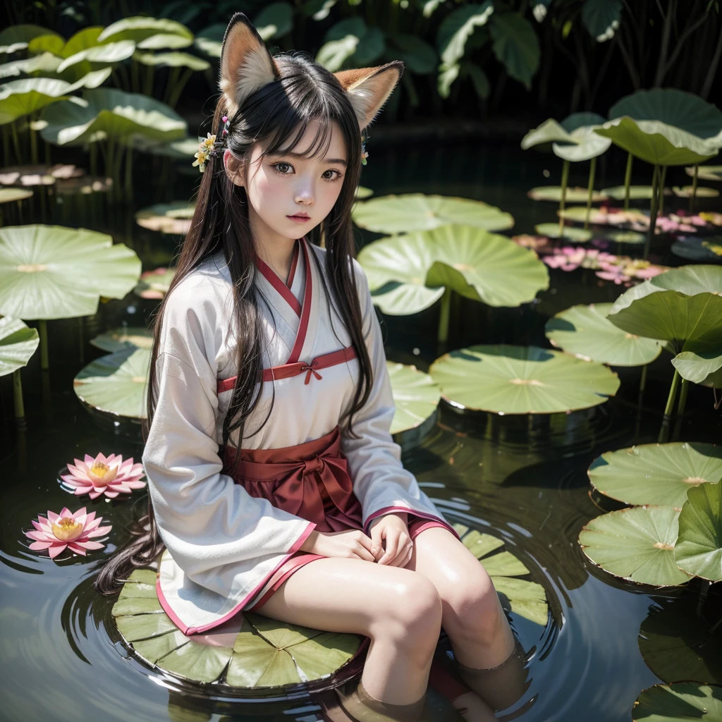 absurderes, high resolution, ultra detaild, (1 girl:1.3), Hand drawn, simple line, old in colorful Chinese Hanfu, sexy girl with fox ears, in the lotus pond, work of art, sitting in the water, floating clothes, floating hair