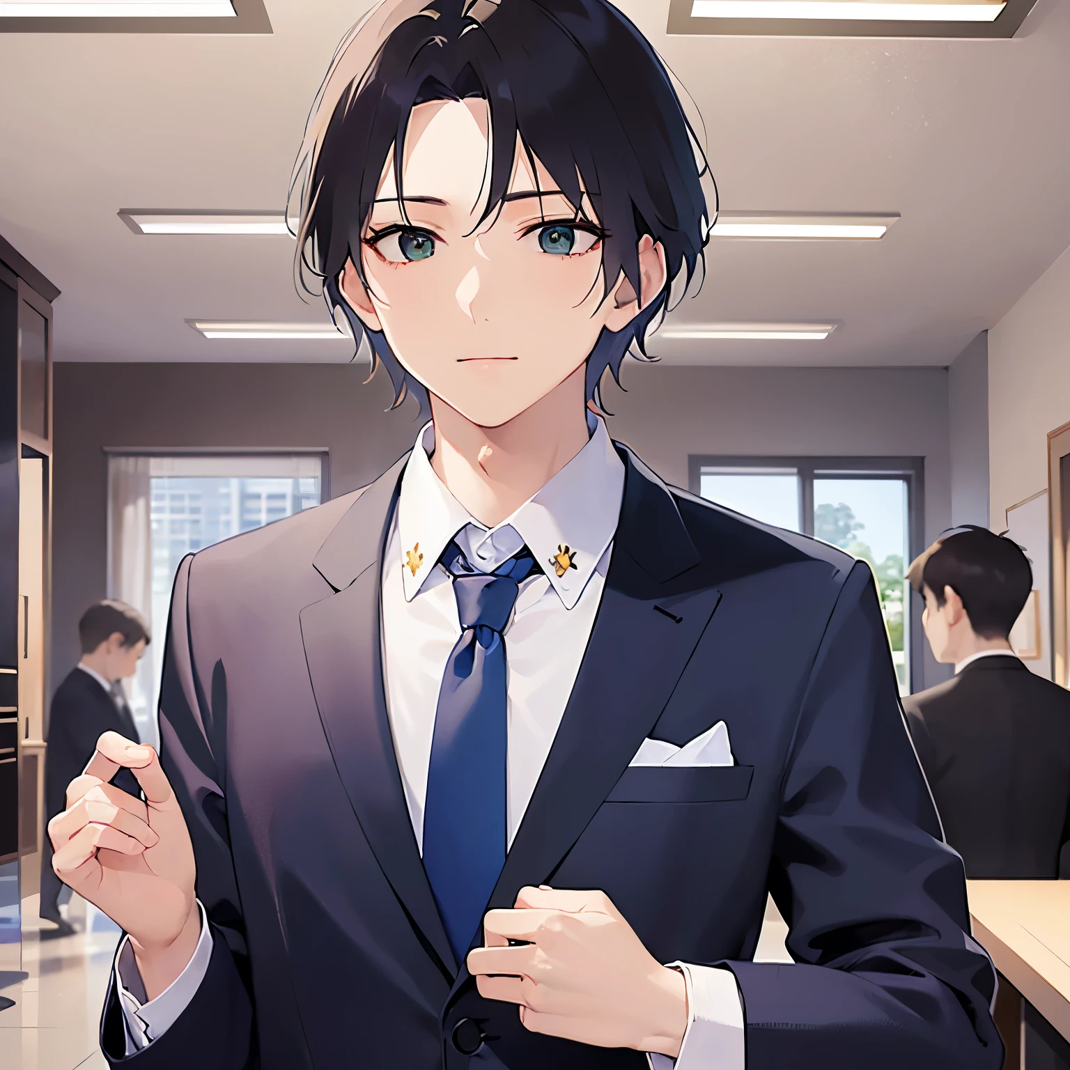 upper body、shiny skin, (looking away:1.5)、masterpiece、Highest quality、(25-year-old male:1.5) and (Brown short hair) and (Green Eyes), (Wearing a suit:1.3) and (Blue tie)、Are standing、smile、The background is the office interior.、(Alone:1.5)、Upper body is shown、