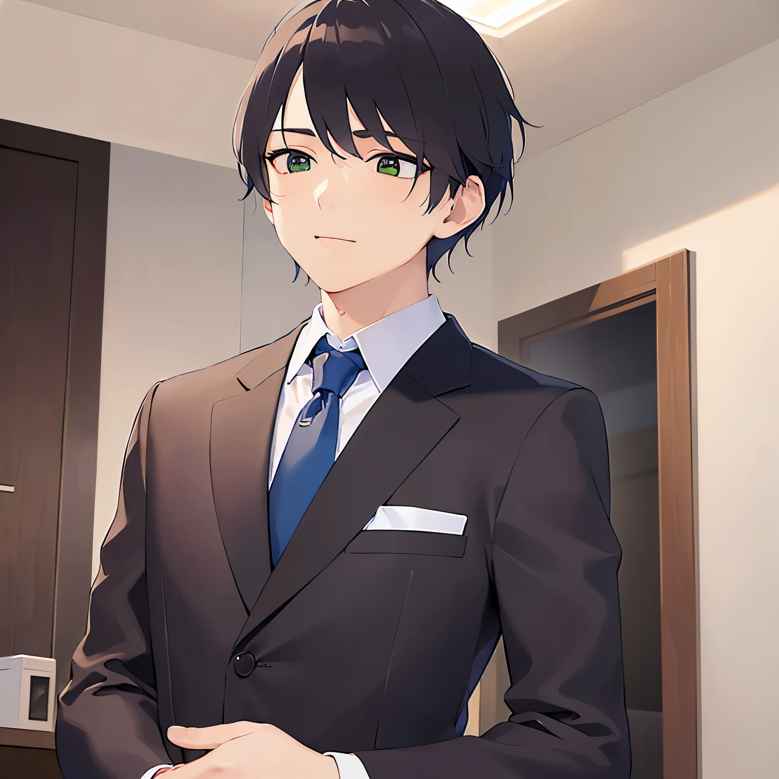 upper body、shiny skin, (looking away:1.5)、masterpiece、Highest quality、(25-year-old male:1.5) and (Brown short hair) and (Green Eyes), (Wearing a suit:1.3) and (Blue tie)、Are standing、smile、The background is the office interior.、(Alone:1.5)、Upper body is shown、