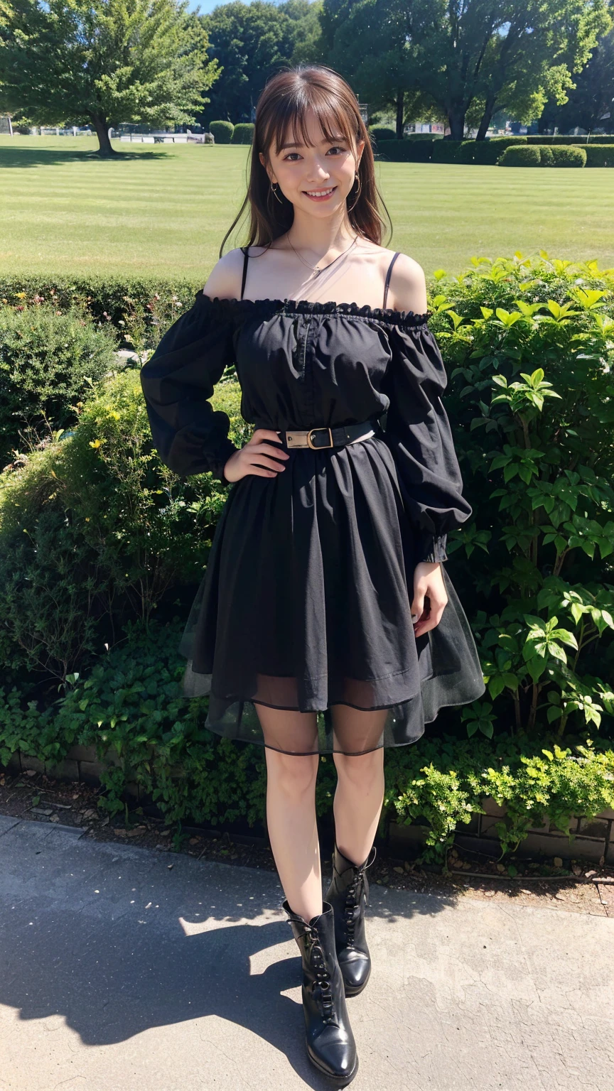 (8k, Photorealistic, Raw photo, Highest quality: 1.4),Japanese idol style1Beautiful girl of the person,18-year-old,Short Bob,Silver Hair,Hang your hair over your ears,Wearing shell earrings in her ears,Big, clear grey eyes,Long eyelashes,Tear bags,There is a blackhead under the left eye,Plump Cheeks,Pink lip gloss for glossy, plump lips,Smiling with the corners of his mouth turned up,Wearing black nail polish,barefoot,Wearing a black Gothic Lolita dress,Standing on the grass under a tree in the park,She is lifting her skirt with both hands and spreading it out to the left and right,She is surrounded by the gentle sunlight filtering through the trees.,Full body portrait,View from below,Looking down at the camera