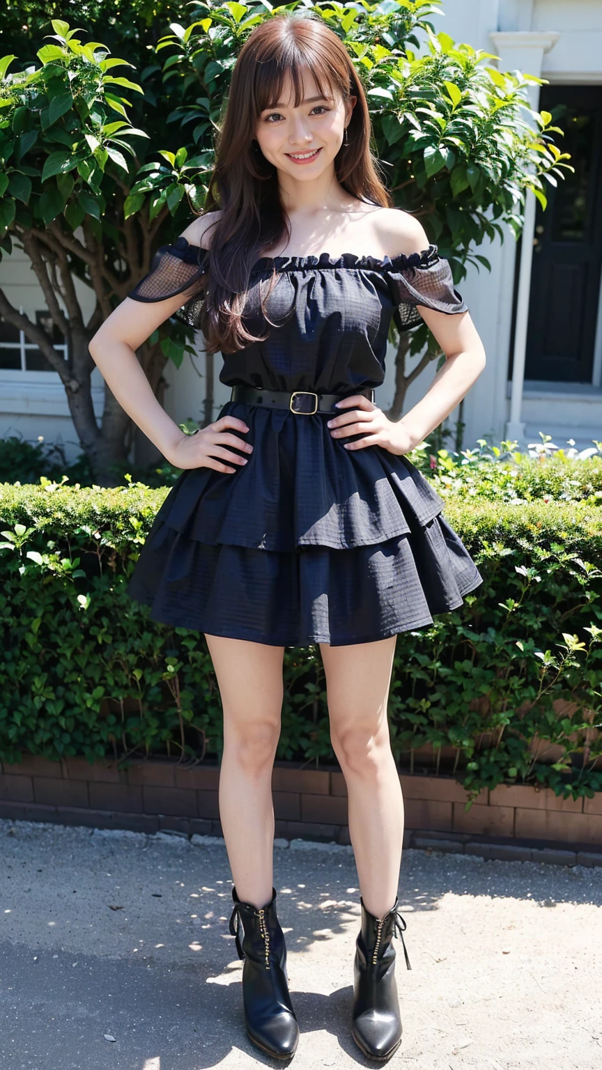 (8k、RAW Photos、Highest quality、masterpiece:1.2)、(Realistic、Realistic)、1 Girl、((Black dress、Gingham check、Off the shoulder、belt、See-through、mini skirt、Frilledium Hair、smile、whole body、See-through、boots、garden、View from the front、Looking at the camera、Hands on your hips))、cute