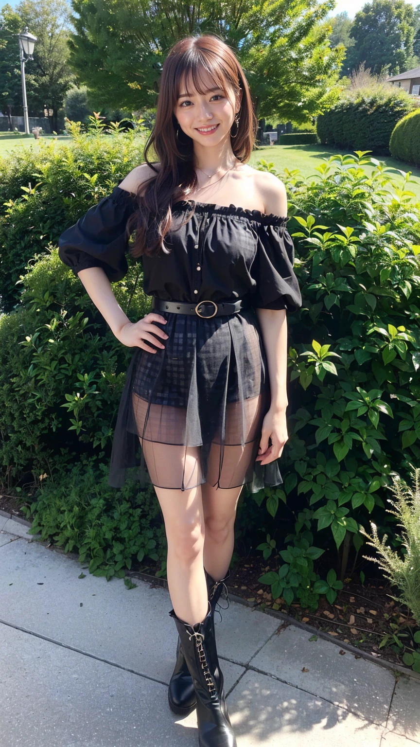 (8k、RAW Photos、Highest quality、masterpiece:1.2)、(Realistic、Realistic)、1 Girl、((Black dress、Gingham check、Off the shoulder、belt、See-through、mini skirt、Frilledium Hair、smile、whole body、See-through、boots、garden、View from the front、Looking at the camera、Hands on your hips))、cute