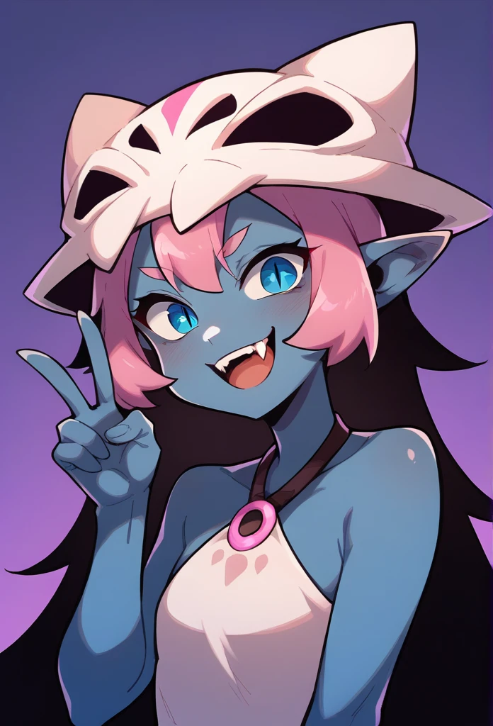 (score_9, score_8_up), score_7_up, score_6_up, Coqueline, 1girl, blue skin, pink hair, blue eyes, skull hat, pointy ears, short beige dress, sleeveless, bare shoulders, halterneck, upper body, purple background; :D, fangs, peace sign, v, looking at viewer, slit pupils, 