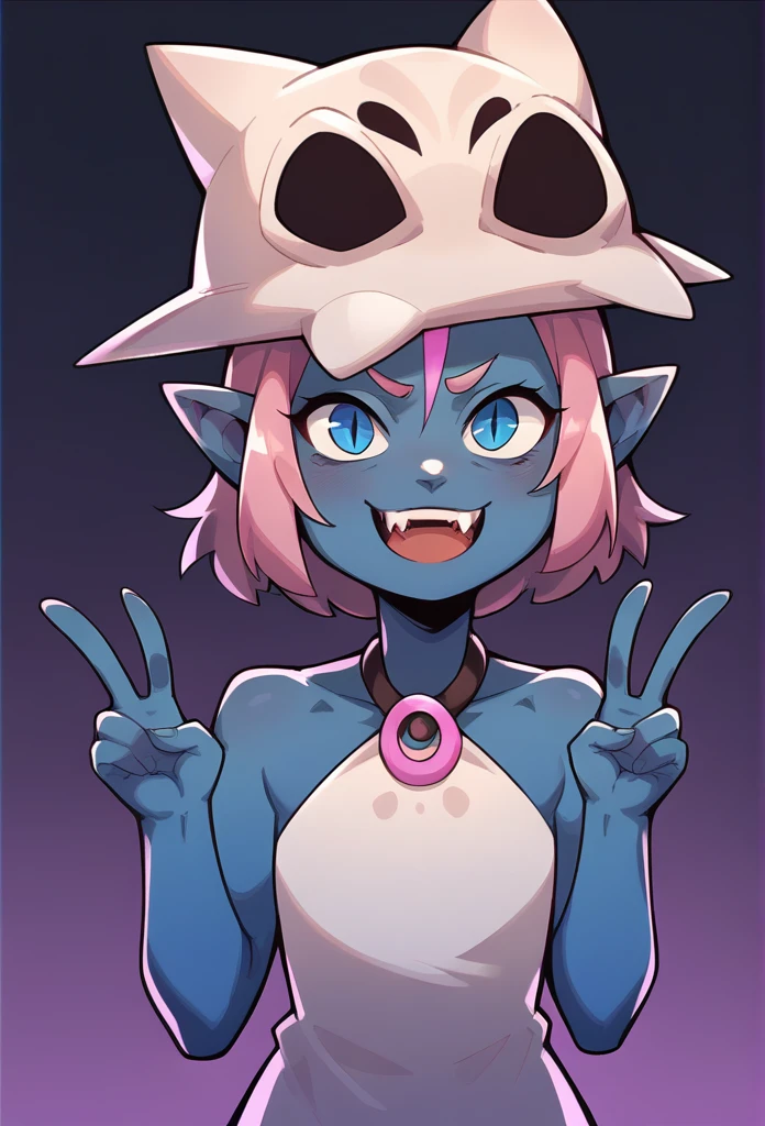 (score_9, score_8_up), score_7_up, score_6_up, Coqueline, 1girl, blue skin, pink hair, blue eyes, skull hat, pointy ears, short beige dress, sleeveless, bare shoulders, halterneck, upper body, purple background; :D, fangs, peace sign, v, looking at viewer, slit pupils, 