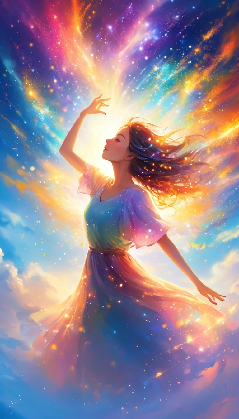 Beautiful picture, Sky Background, (2. Women:1.2), troubled by love, Woman focus, Bright and colorful, Light particles dance in the air, mysterious,spiritual