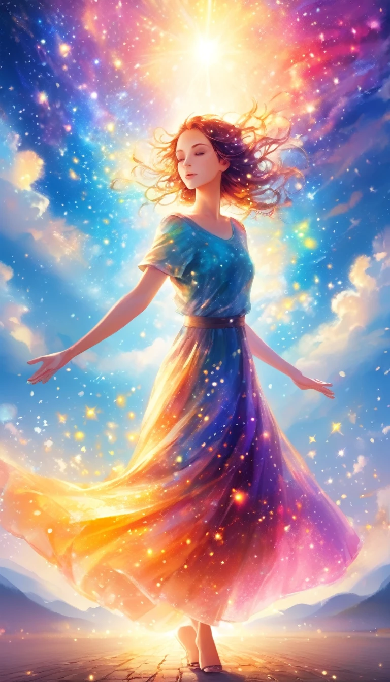 Beautiful picture, Sky Background, (2. Women:1.2), troubled by love, Woman focus, Bright and colorful, Light particles dance in the air, mysterious,spiritual