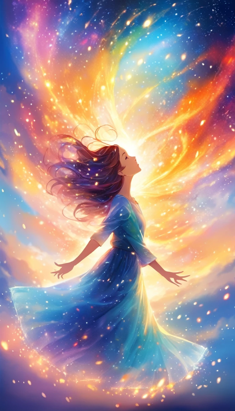 Beautiful picture, Sky Background, (2. Women:1.2), troubled by love, Woman focus, Bright and colorful, Light particles dance in the air, mysterious,spiritual