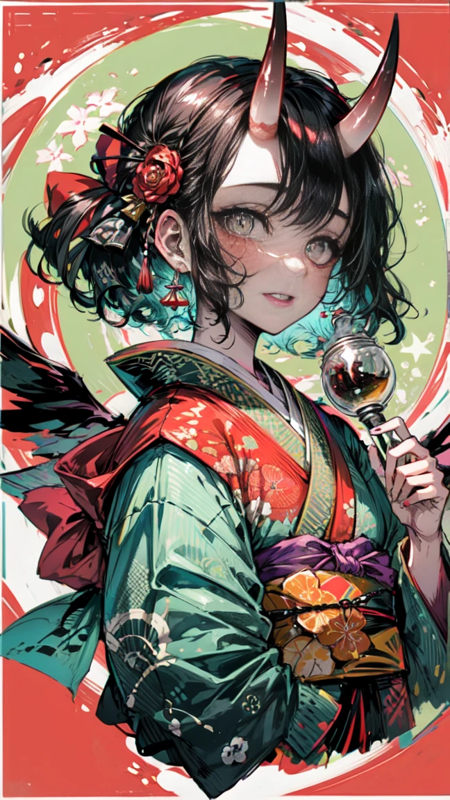 Highest quality,masterpiece,Intricate details:1.2,Beautiful Face,ukiyoe,One girl,A girl wearing a patterned black kimono,View the viewer:1.3,Face Tattoos:1.2,Small demon horn