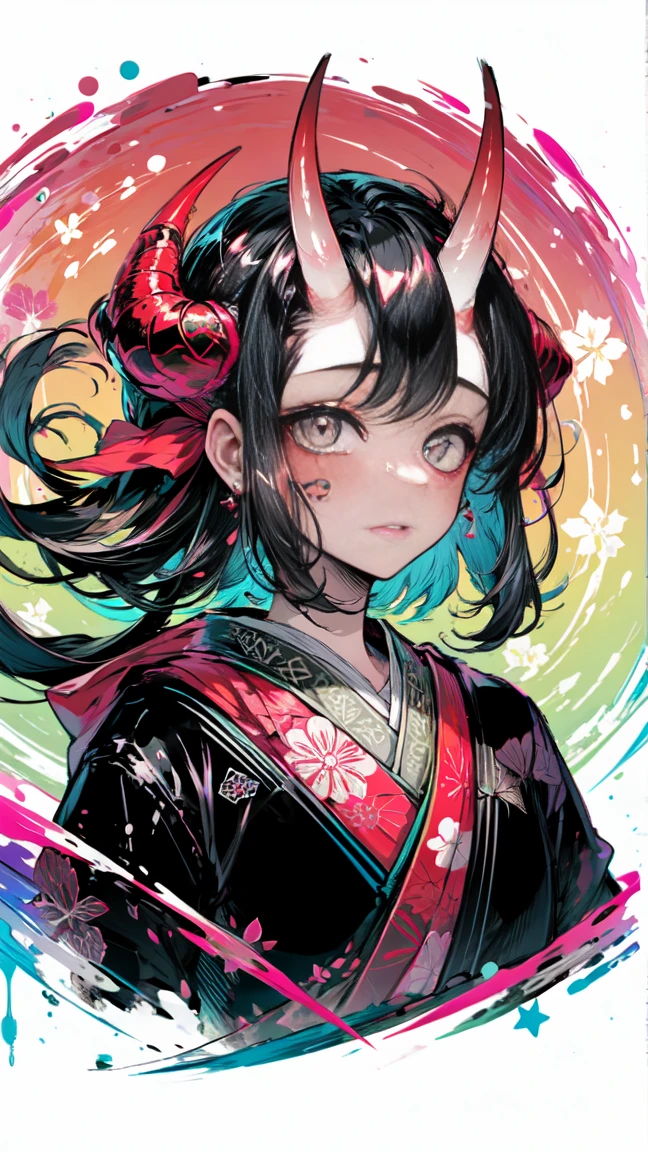 Highest quality,masterpiece,Intricate details:1.2,Beautiful Face,ukiyoe,One girl,A girl wearing a patterned black kimono,View the viewer:1.3,Face Tattoos:1.2,Small demon horn