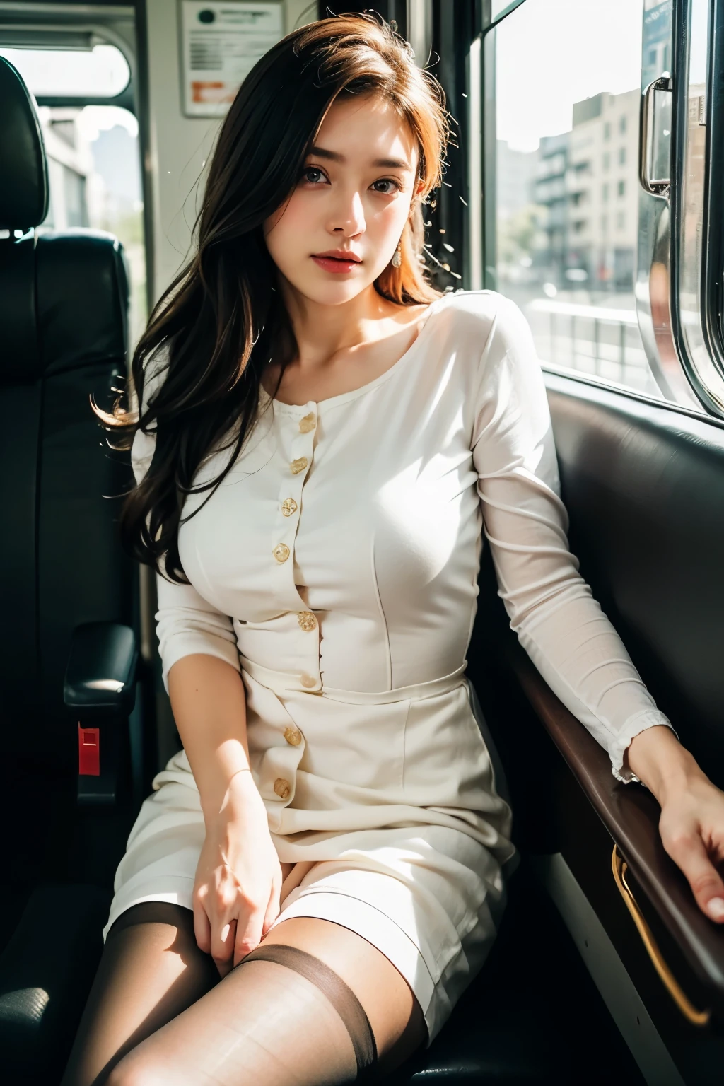 (masterpiece, Highest quality, 8k, RAW Photos, beautifully、beautiful:1.2),  Intricate details, indirect lighting, Realistic,
whole body, Sitting on a chair on the train、Gazing at the audience、Voyeur、
 Square neck button-down linen sundress, (Ultra-realistic pantyhose)、
 Women&#39;s training , Chair to sit under skirt,