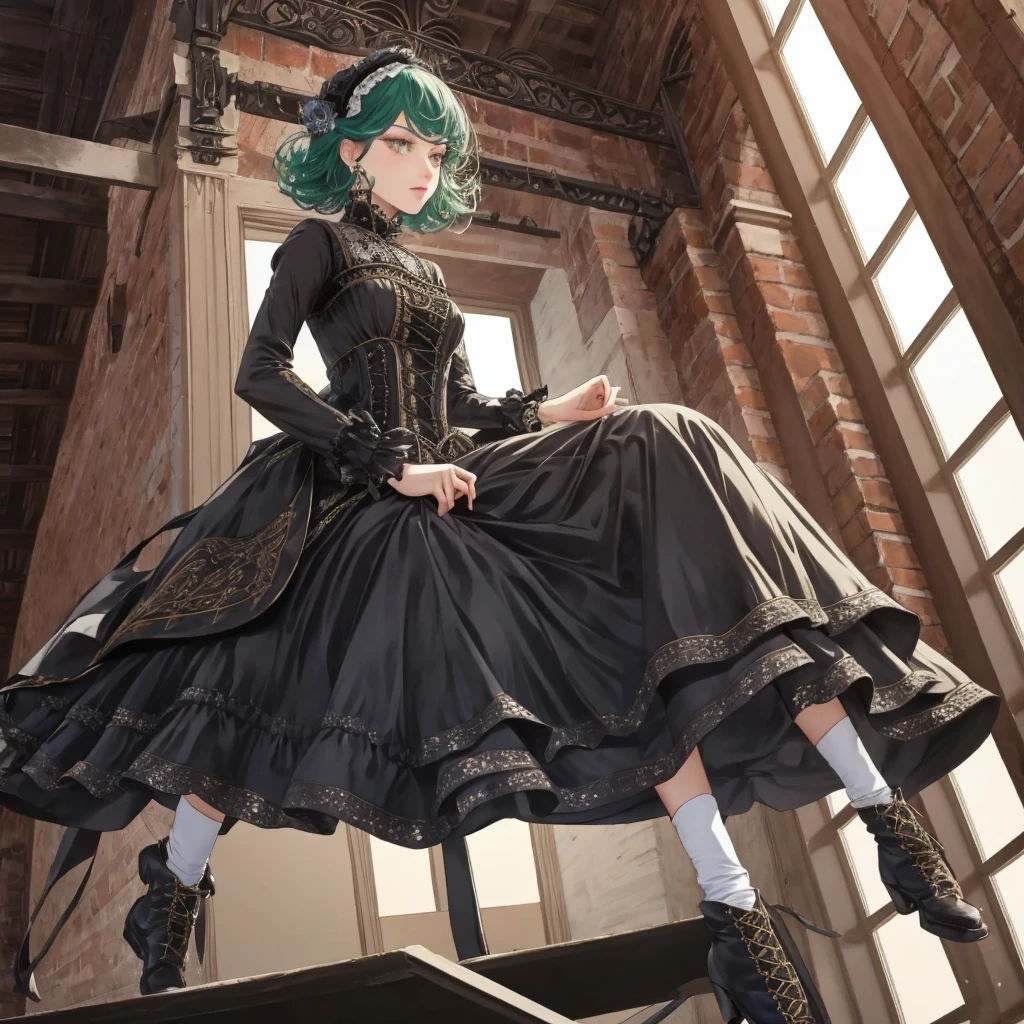 A woman wearing a dress and boots is standing in front of a building, Baroque Dress, Detailed steampunk dress, Elegant Gothic Princess, Victorian Gothic Lolita Fashion, 歴史的なBaroque Dressダーク, Black Gothic Lolita Dress, Fantasy style clothing, Rococo Dress, Black Rococo, Classic witch, Fantasy Costume, wearing a Gothic Dress, romantic dress, Gothic Dress, sit, Spread your legs, Looking from directly below, Drawers, underwear