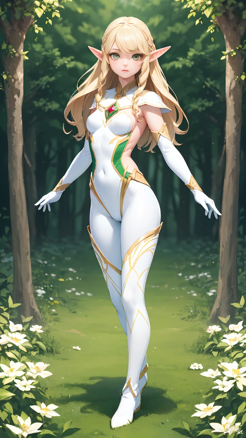 (((full body photo))(masterpiece, best quality), (full body:1.6), standing (small fighting elven 1girl:1.6),(magical),(cute,adorable:1.3),blonde hair, green eyes, medium breast, beautiful, detailed, enchanted breastplate with precious gemstones, white thigh-high greaves, seductive pose, in a forest, magic flora, detailed face and eyes, volumetric light,(ultra quality skin:1.7),