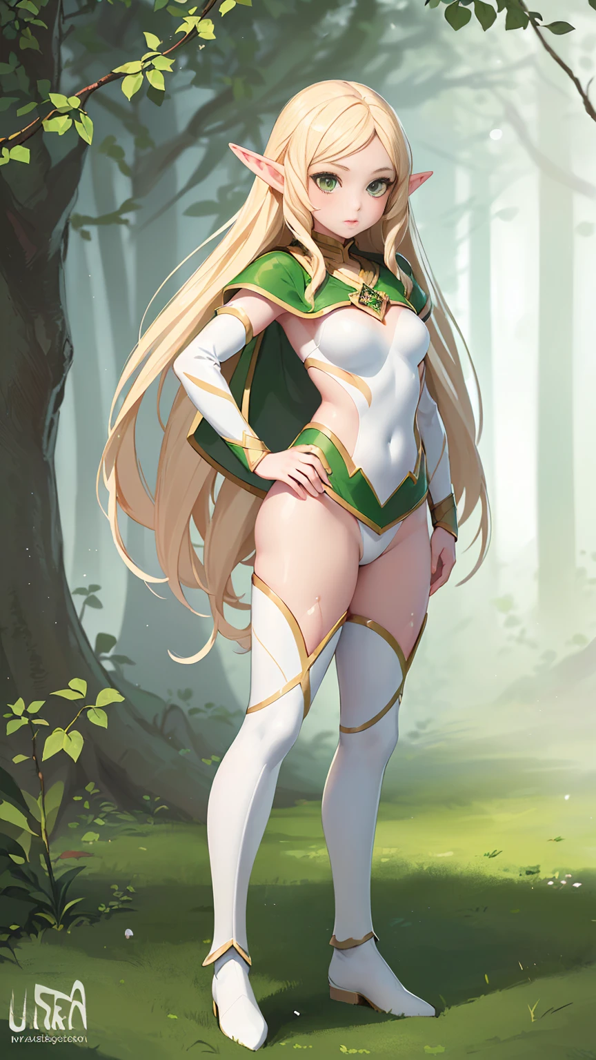 (((full body photo))(masterpiece, best quality), (full body:1.6), standing (small fighting elven 1girl:1.6),(magical),(cute,adorable:1.3),blonde hair, green eyes, medium breast, beautiful, detailed, enchanted breastplate with precious gemstones, white thigh-high greaves, seductive pose, in a forest, magic flora, detailed face and eyes, volumetric light,(ultra quality skin:1.7),