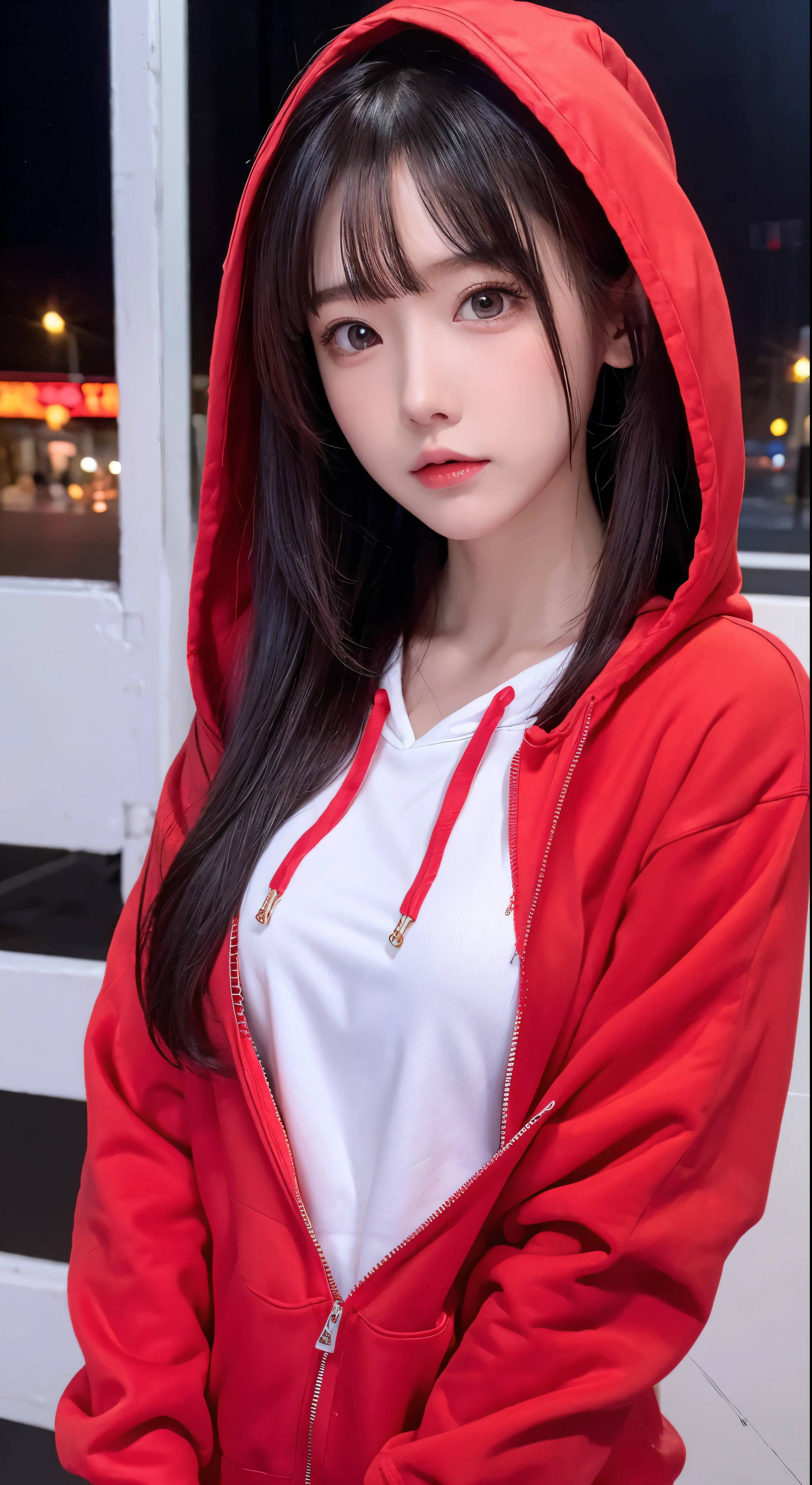 Highest quality、masterpiece、High resolution、8k、Hoodies and anime style girls、One Girl、Detailed line drawing、Bright red hoodie with a light amber style、Digital Enhancement、Close-up、Anime Core、Flowing fabric