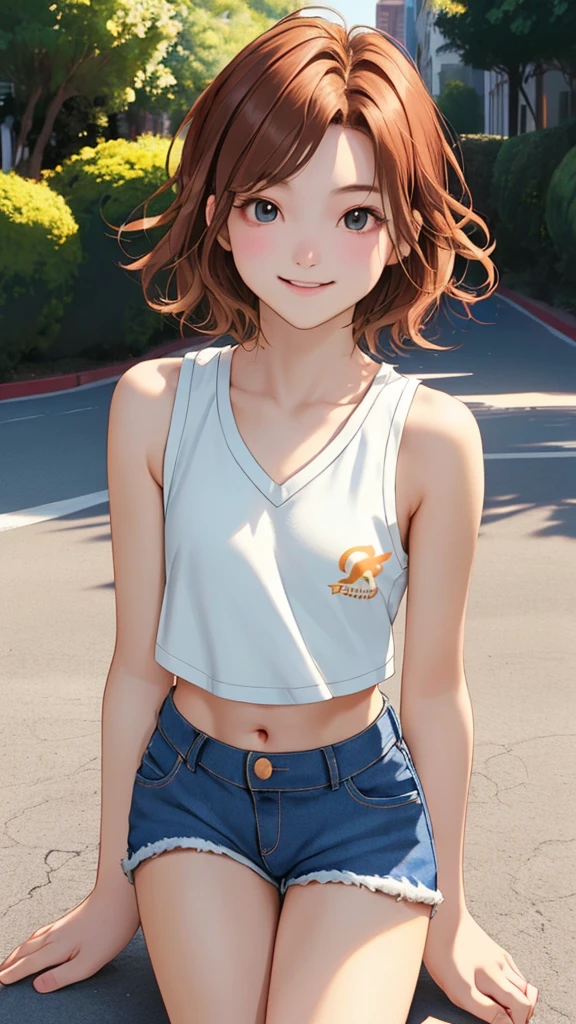 ((Center of chest, Tomboy))，，Very short stature，Thin thighs，dawn, sunlight, (Defined Abs: 1.1), (Perfect body: 1.1), (Short Wavy Hair: 1.2), Auburn Hair, Full body photo, Crowded street, Wearing a white vest, ((Shorts)), (Very detailedな CG 8k 壁紙), (Very delicate and beautiful), (masterpiece), (Highest quality: 1.0), (ultra-High resolution: 1.0), Beautiful lighting, Perfect Lightning, Realistic Shadows, [High resolution], Delicate skin, Very detailed, Cute Smile