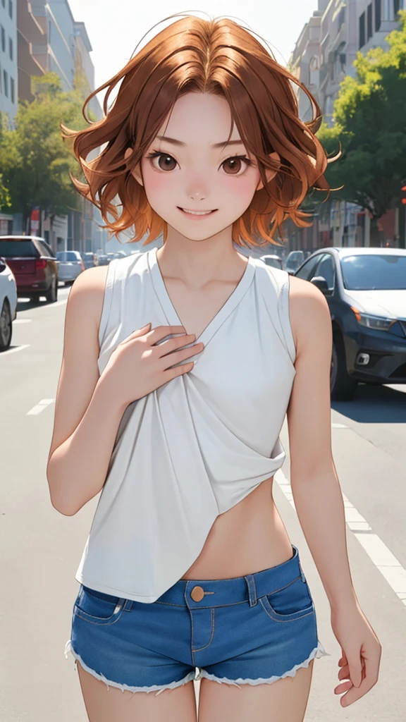 ((Center of chest, Tomboy))，，Very short stature，Thin thighs，dawn, sunlight, (Defined Abs: 1.1), (Perfect body: 1.1), (Short Wavy Hair: 1.2), Auburn Hair, Full body photo, Crowded street, Wearing a white vest, ((Shorts)), (Very detailedな CG 8k 壁紙), (Very delicate and beautiful), (masterpiece), (Highest quality: 1.0), (ultra-High resolution: 1.0), Beautiful lighting, Perfect Lightning, Realistic Shadows, [High resolution], Delicate skin, Very detailed, Cute Smile