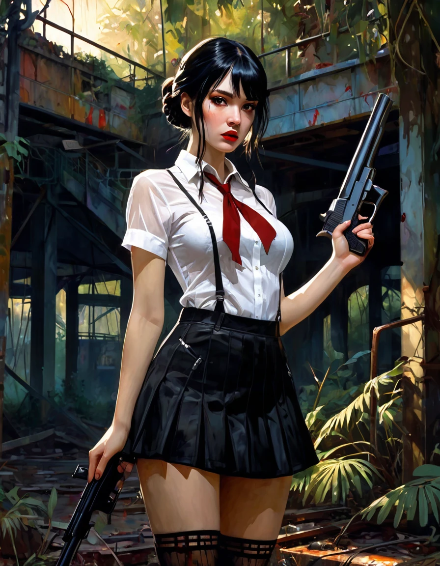 very sexy girl, braids, black hair, miniskirt, stockings, semi-open transparent white shirt, with a gun, blood, in an abandoned amusement park, abandoned attractions among vegetation. between shadows, oil painting, chiaroscuro, sensual, dramatic lighting, moody atmosphere, photorealistic, intricate details, masterpiece, ultra-detailed, high quality, 8k, best quality, realistic, cinematic, dark and brooding, expressionistic, powerful composition, emotional impact, Bill Sienkiewicz inspired art