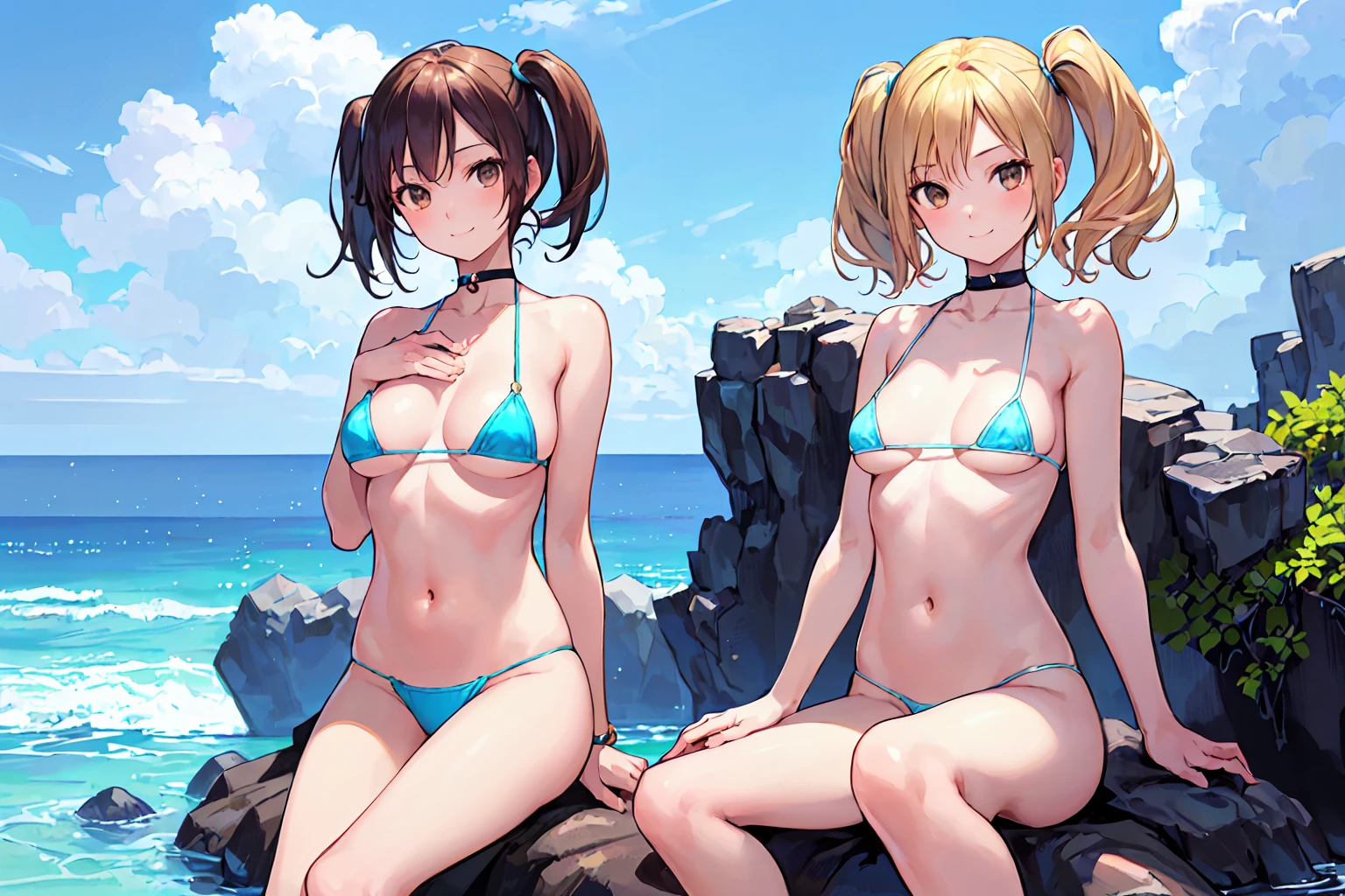 (masterpiece:1.2, Highest quality), (Realistic, photoRealistic:1.4), Beautiful illustrations, (Natural Side Lighting, Cinema Lighting), Cowboy Shot, 1 girl:1.35, high school girl, Perfect Face, Cute and symmetrical face, Glowing Skin, thin, (Small breasts:0.6), Beautiful Hair, Beautiful Face, Beautiful details, Beautiful clavicle, Beautiful body, Beautiful breasts, Mole on chest, Beautiful thighs, Mole in the groin:1.5, Beautiful feet, Beautiful fingers, ((Light blue hyper micro bikini:1.5, NSFW:1.1), ((sitting on a rock:1.35 | Keep your legs wide open:1.5, leg lift:1.3, front:1.4)), ((Place your hand on your chest | Place your arms behind your back)), choker, Wrist Chakra), (short hair:1.2, Twin tails:1.2, blonde), Parted bangs, Chestnut brown eyes, Long eyelashes, (Beautiful views), Tropical Beach, (Cute Smile, Upward glance)
