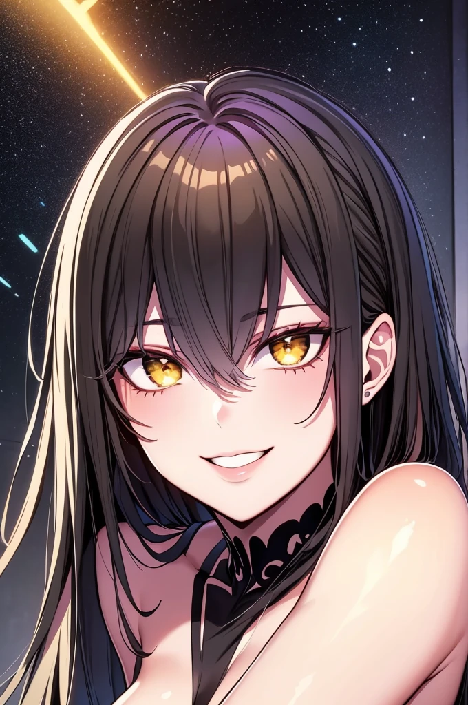 young girl, Dark black skin, long purple hair, cat ears, golden eyes, Naked, cosmic tattoo, outer space, smirk, Masterpiece, hiquality