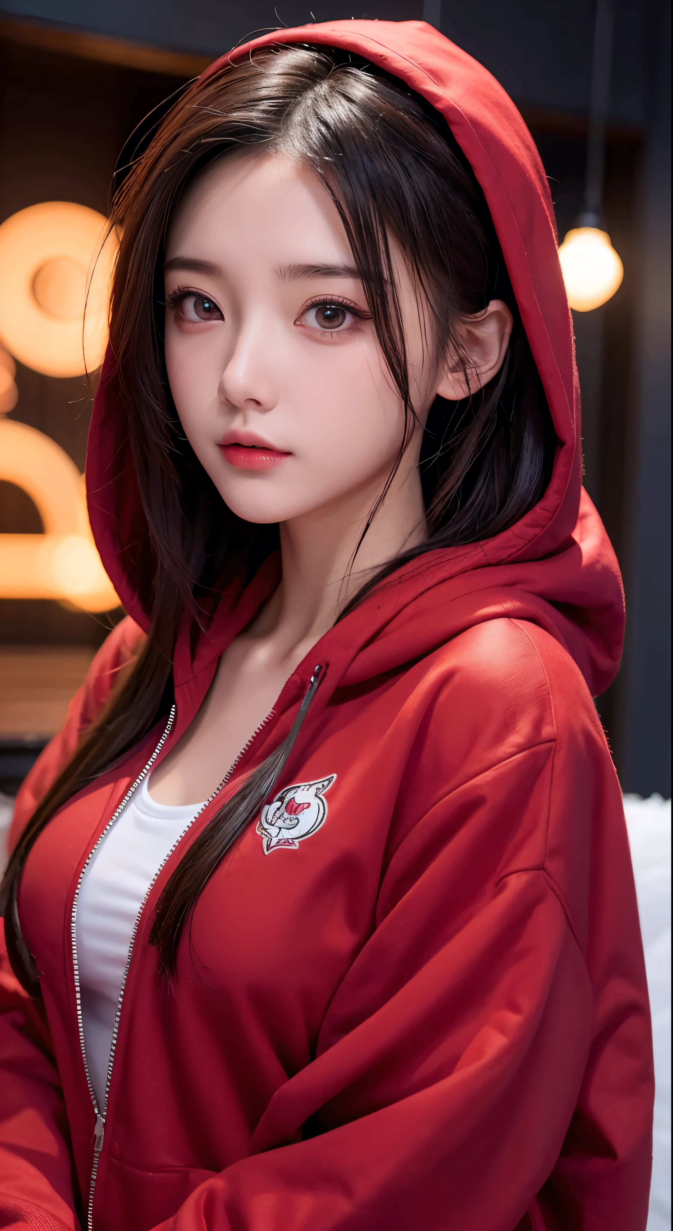 Highest quality、masterpiece、High resolution、8k、Hoodies and anime style girls、One Girl、Detailed line drawing、Bright red hoodie with a light amber style、Digital Enhancement、Close-up、Anime Core、Flowing fabric