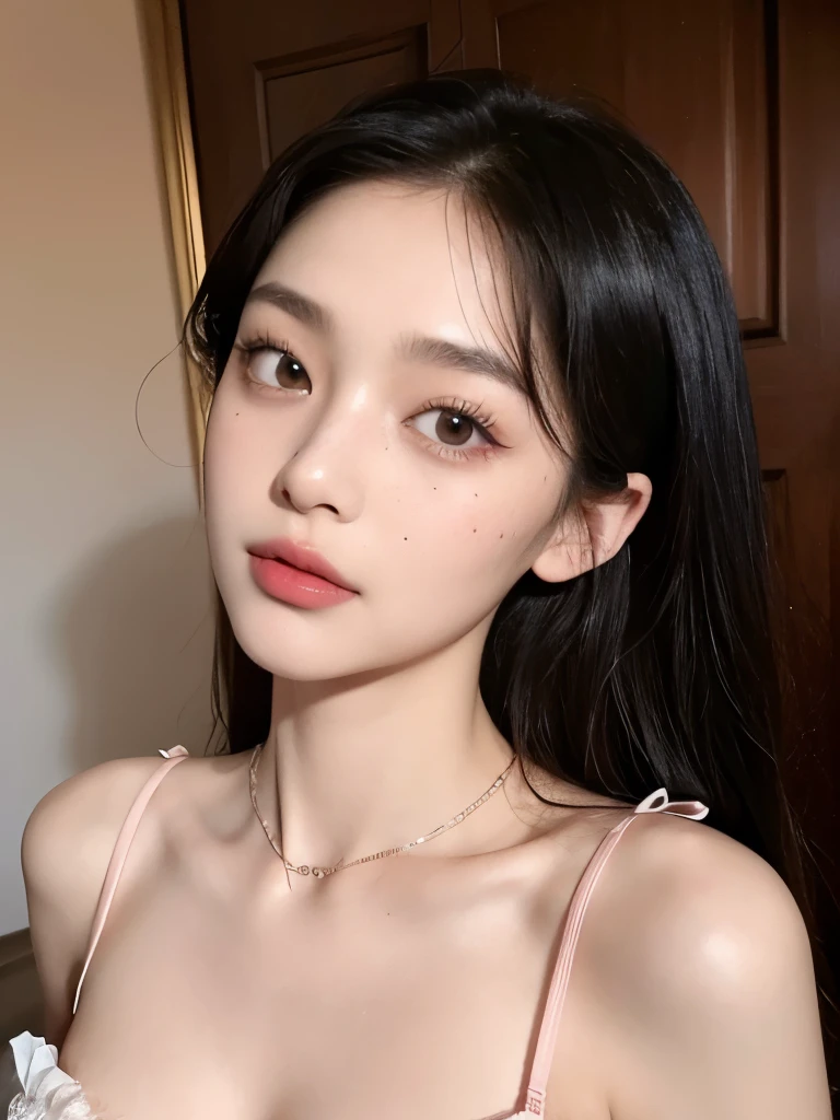 Kim Jennie with black hair, with curlers at the ends, Brown eyes, Beautiful eyes, crying eyes, Beautiful, splash nose, watery nose, Beautiful lips, pink lips, heart and cupid shaped lip, beautiful skin, pale white skin, with moles and freckles all over his face, soft pink blush on cheeks, soft pink makeup, Nice neck, marked collar, tender look, with a kiss necklace, while wearing a medieval corset, corset blanco medieval, Beautiful corset, while you have a slim and beautiful abdomen, while wearing red underwear, tiny red underwear with white medieval corset, sexy (big breasts, soft breasts, beautiful breasts), while doing a sexy pose, autophoto, looking to the camera