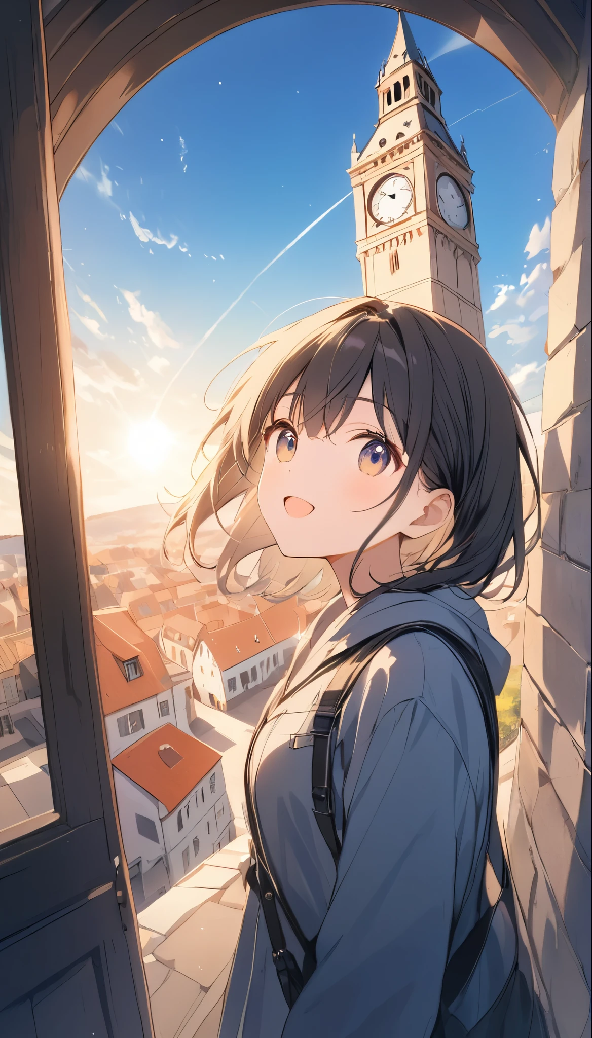 ((Flat Design))、High contrast、(8k, Highest quality)、Ultra-high resolution、adorable、Highest quality, beautiful, Absurd beauty、masterpiece、Best image quality、Clock Tower and Girl Theme、European Landscape、Clock Tower Background、A girl taking a commemorative photo、Looking up from below、Emphasize shading、Wide-angle lens、Lens flare