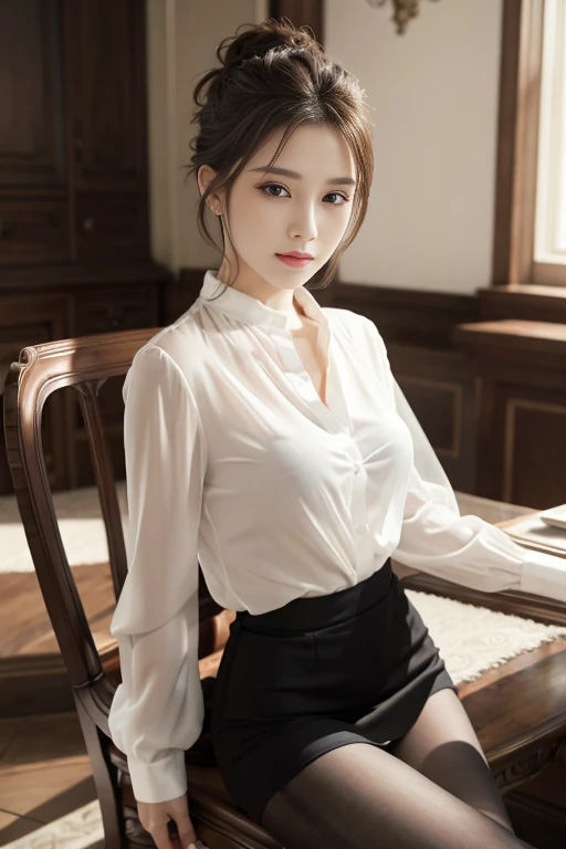 masterpiece, best quality, Practical, Very detailed, Finer details, high resolution, 8k wallpaper, A beautiful woman, Wear an elegant white see-through shirt, Perfect dynamic composition, Pretty and beautiful eyes、sit on the chair、