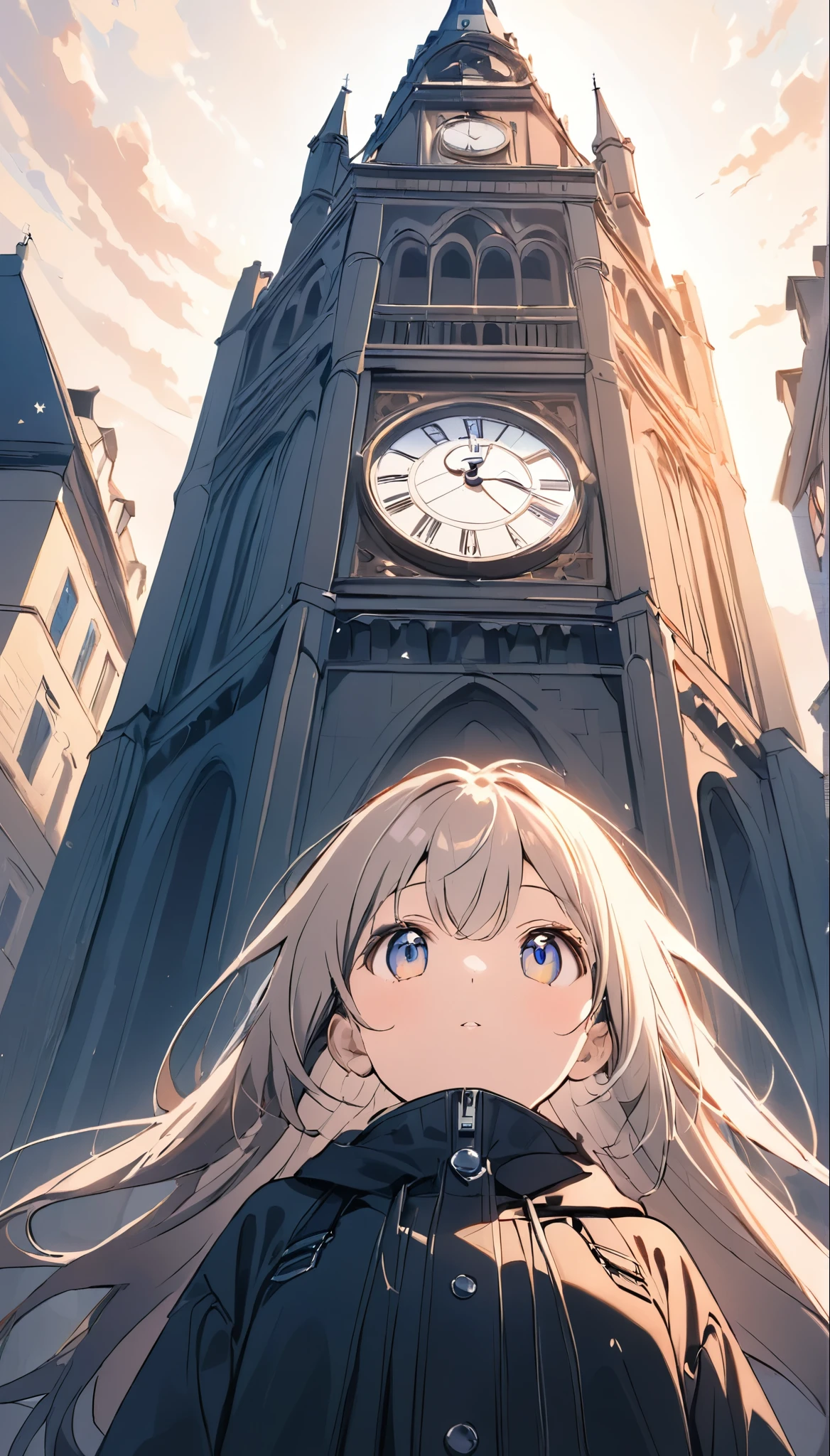 ((Flat Design))、High contrast、(8k, Highest quality)、Ultra-high resolution、adorable、Highest quality, beautiful, Absurd beauty、masterpiece、Best image quality、Clock Tower and Girl Theme、European Landscape、Clock Tower Background、A girl taking a commemorative photo、Looking up from below、Emphasize shading、Wide-angle lens、Lens flare