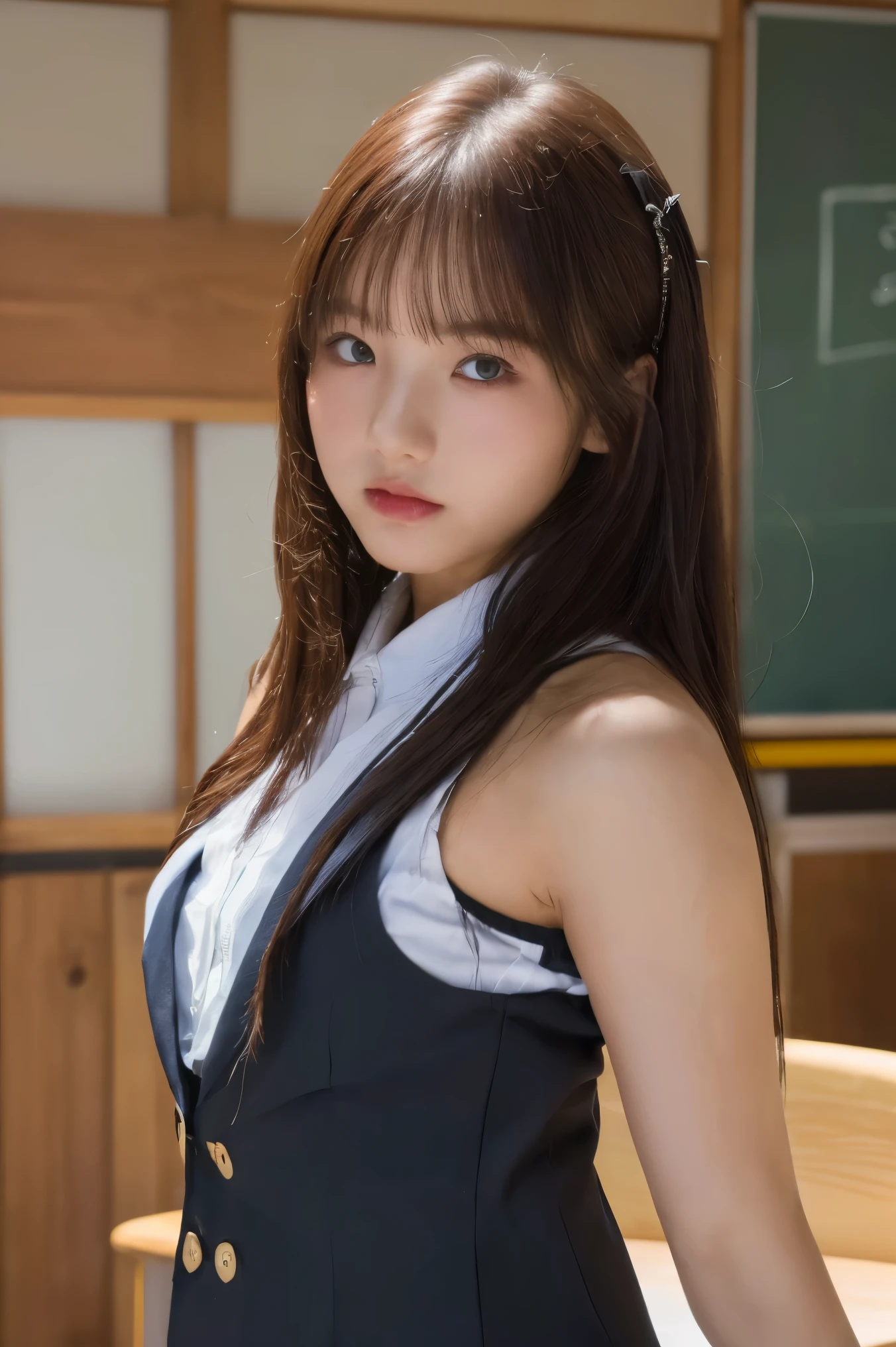(Highest quality:1.4),(masterpiece:1.4),(Realistic:1.4),(Realistic:1.2),(超High resolution, RAW Photos:1.4),(High resolution, Very detailed:1.2),(8k:1.2),Movie Photos,a photo of a dark-haired,One Girl,alone,Wearing uniform,((Japanese Classroom))、((Upper Body:1.3))