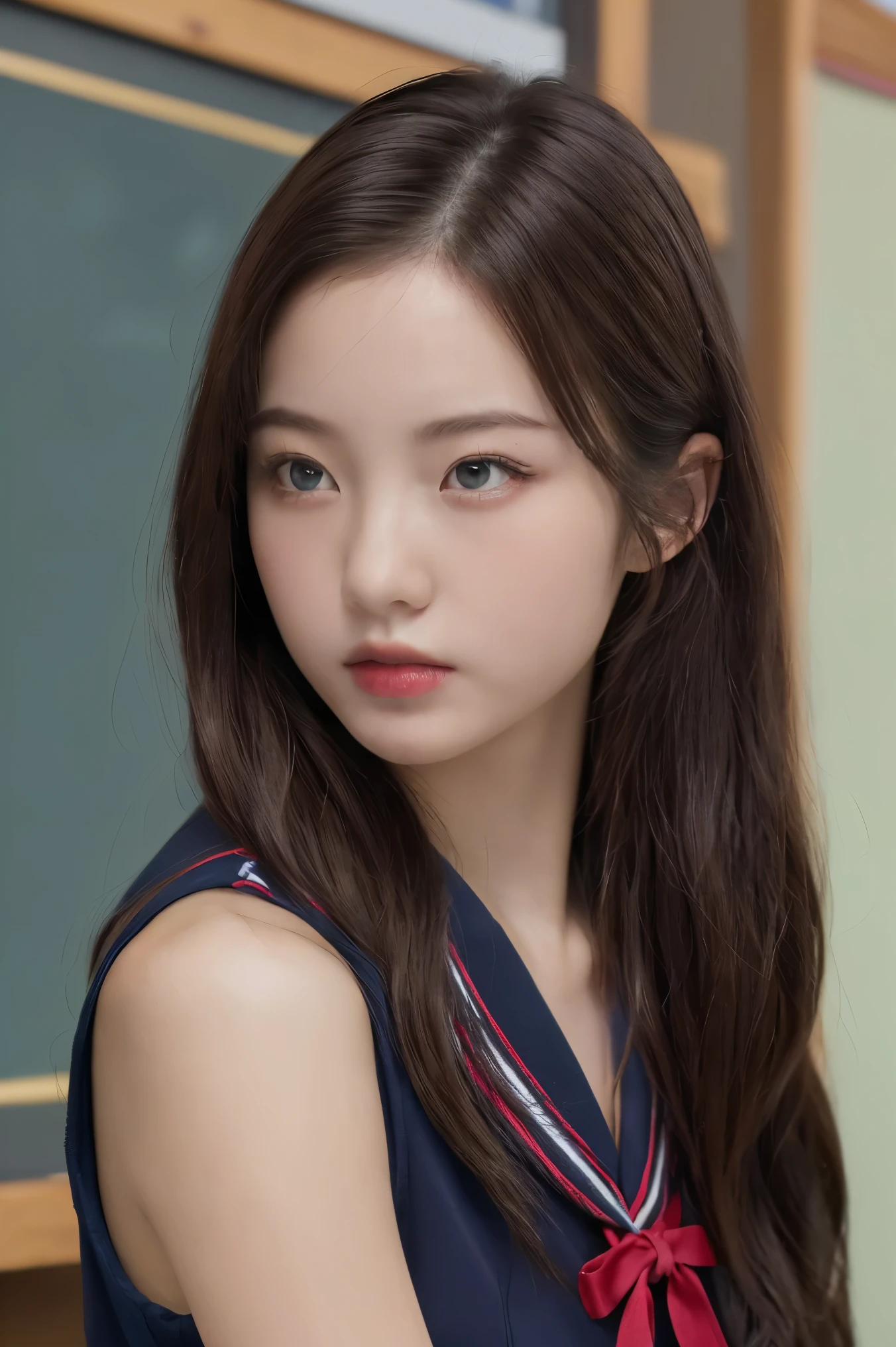 (Highest quality:1.4),(masterpiece:1.4),(Realistic:1.4),(Realistic:1.2),(超High resolution, RAW Photos:1.4),(High resolution, Very detailed:1.2),(8k:1.2),Movie Photos,a photo of a dark-haired,One Girl,alone,Wearing uniform,((Japanese Classroom))、((Upper Body:1.3))