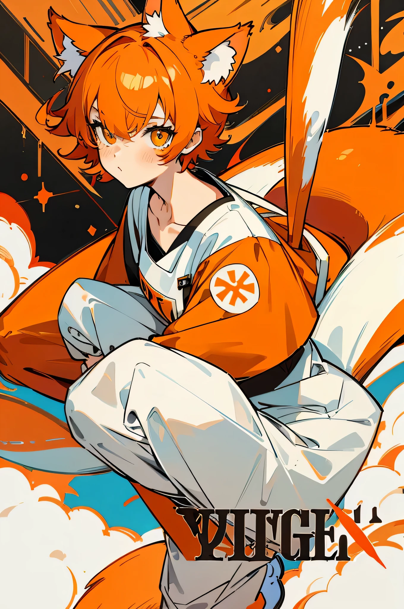 Orange cat ears, orange short hair, orange cat tail, hospital uniform, black pupils, boy