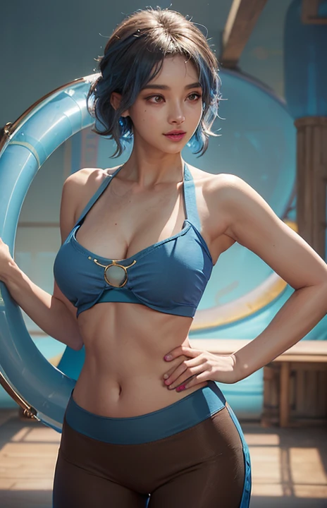 best quality,Limbs、Whole finger、Woman with light blue hair、Wavy hair woman、Beautiful big-breasted woman、Slim beauty、1 female、(((A woman wearing a blue tube top:1.3))), Gold pattern high waist、(((woman wearing brown yoga pants)))、A bright smile、Hands on hips