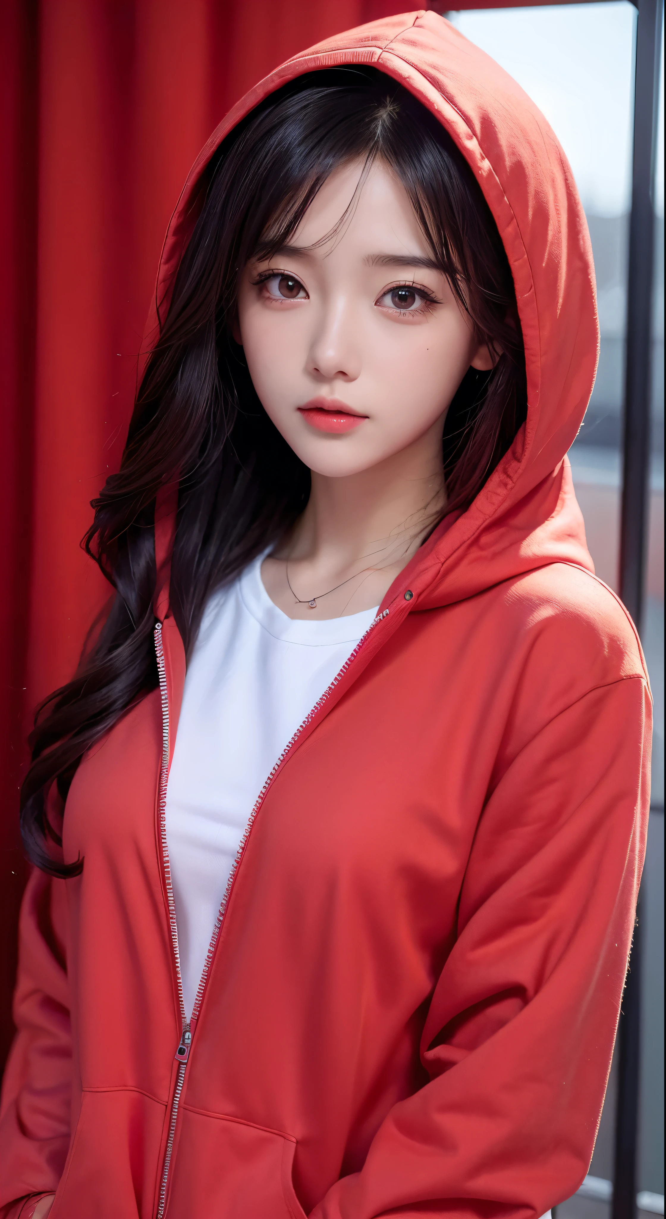 Highest quality、masterpiece、High resolution、8k、Hoodies and anime style girls、One Girl、Detailed line drawing、Bright red hoodie with a light amber style、Digital Enhancement、Close-up、Anime Core、Flowing fabric