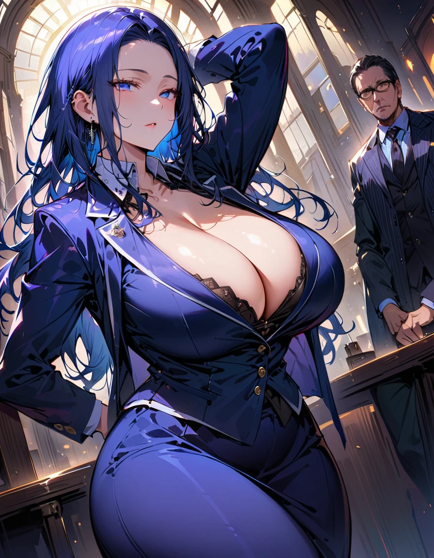 Mature beautiful woman,(Highest quality,Extremely detailed depiction,Incredibly absurd high resolution,Anatomically accurate depiction,Curvy Legs),(Glowing Skin,Shiny skin,),Cool female lawyer,Navy blue suit,Navy blue tight skirt,Lawyer Badge,Black tie,Glasses,Half-closed eyes:1.3,There is cleavage in the chest,Under trial,background:Under trialの法廷