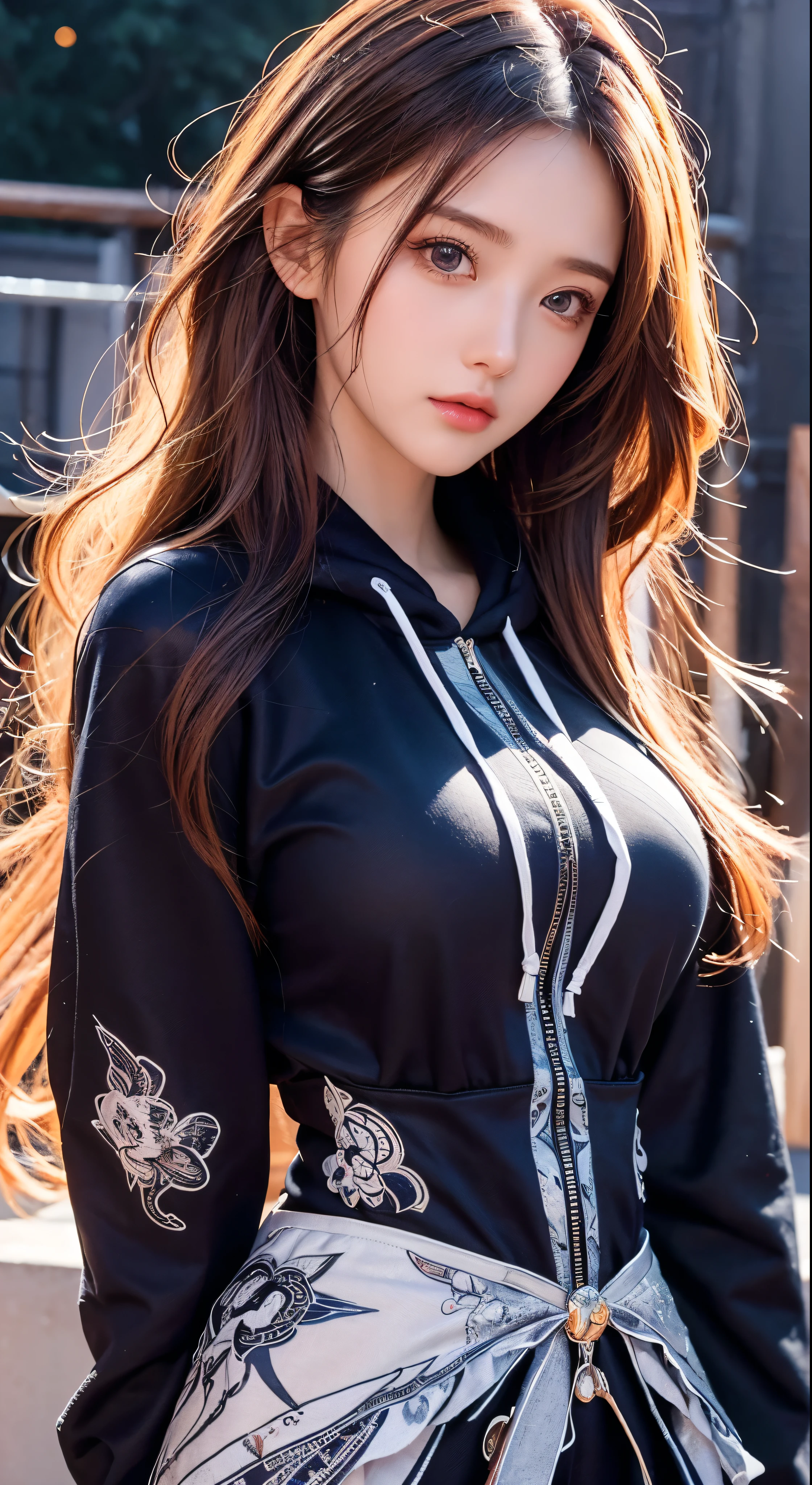 Highest quality、masterpiece、High resolution、8k、Hoodies and anime style girls、One Girl、Detailed line drawing、Light amber style、Digital Enhancement、Close-up、Anime Core、Flowing fabric