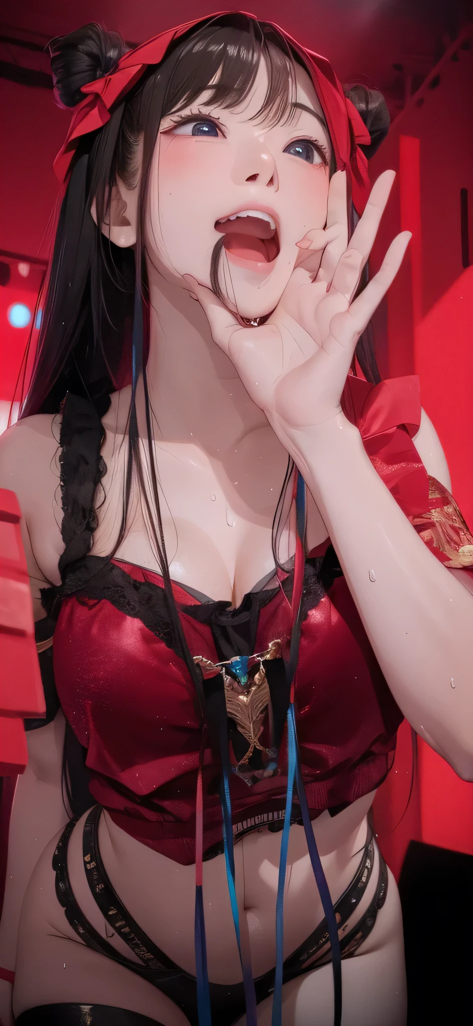 girl, Sweat, vapor, Center of chest, shy, Great hands, Looking at the audience, Cute Smile