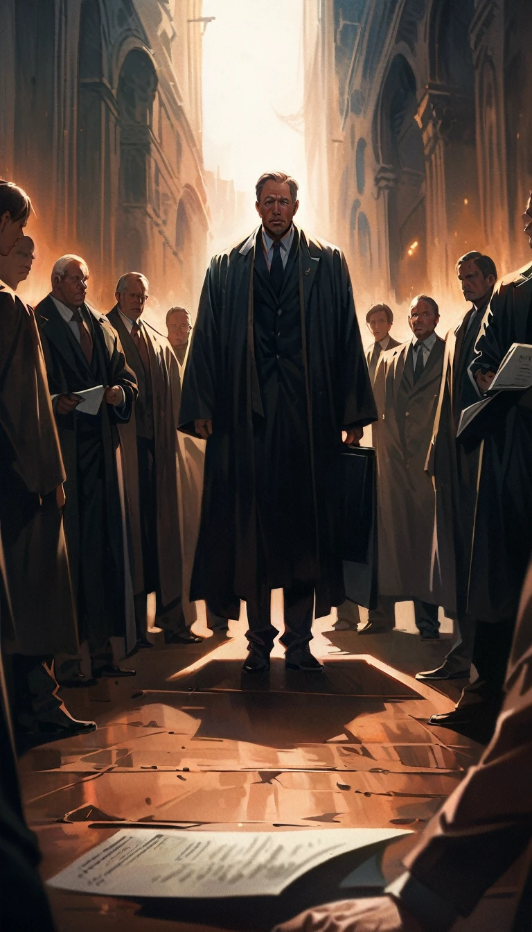 a group of lawyers standing ominously over a sitting man, demanding he sign documents, intimidated man, ominous atmosphere, dramatic lighting, moody color palette, sharp focus, cinematic composition, ultra detailed, realistic, photorealistic, masterpiece, award winning digital art