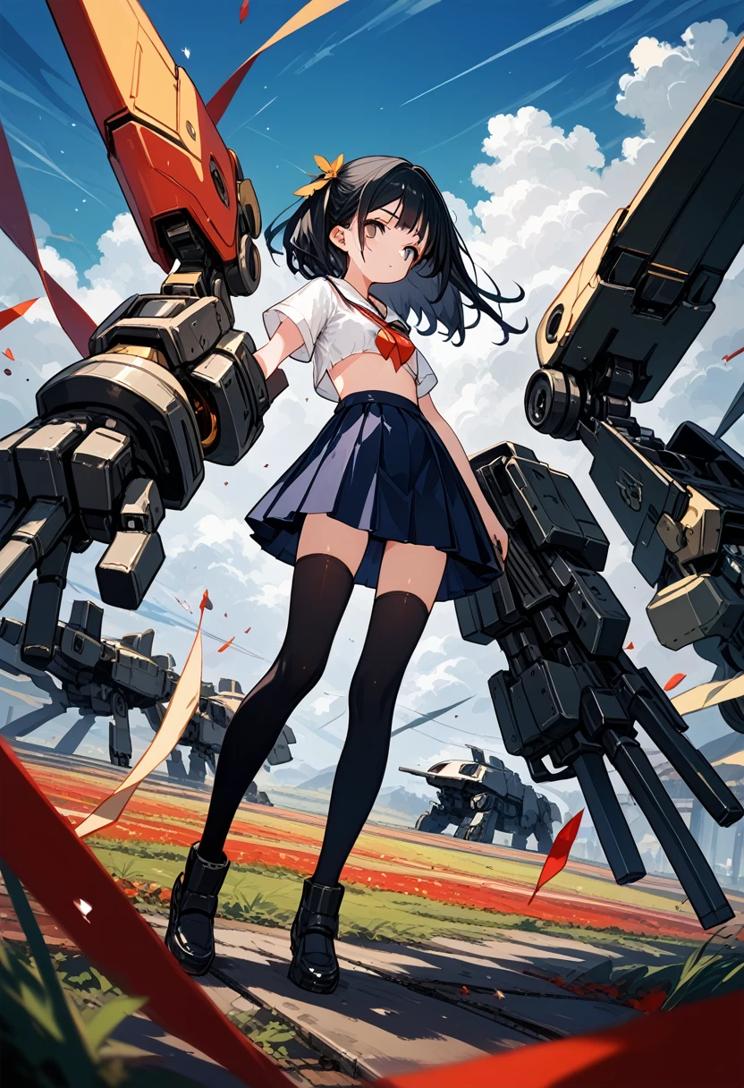 score_9, score_8_up,score_7_up, girl,summer school-uniform,superhero landing,(She has many weapons attached to her back and arms,radial),(guns,blades,mecha-arms),battle field,BREAK (14yo,detailed face,black hair,middle small breasts),dynamic angle,