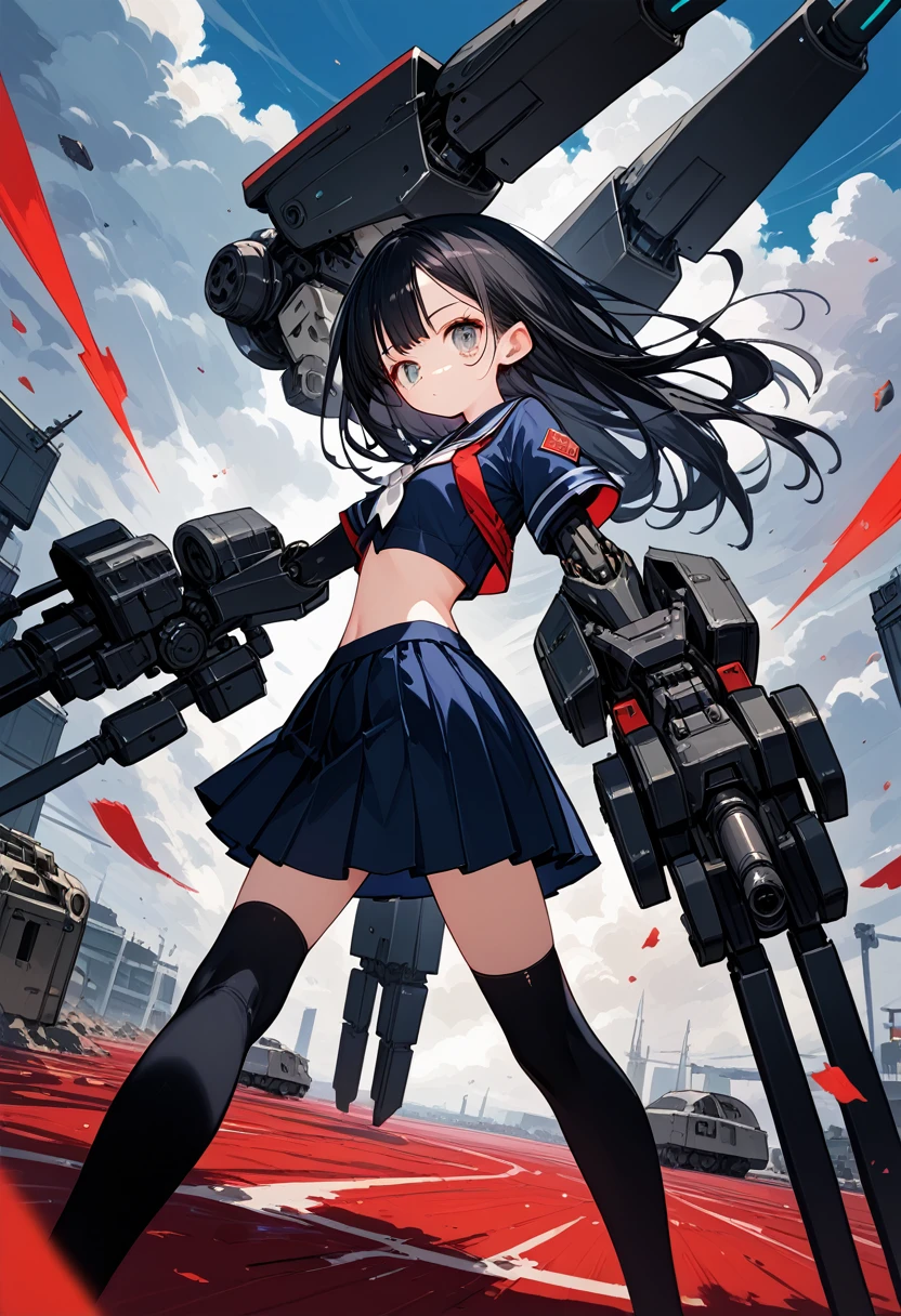 score_9, score_8_up,score_7_up, girl,summer school-uniform,superhero landing,(She has many weapons attached to her back and arms,radial),(guns,blades,mecha-arms),battle field,BREAK (yo,detailed face,black hair,middle small breasts),dynamic angle,