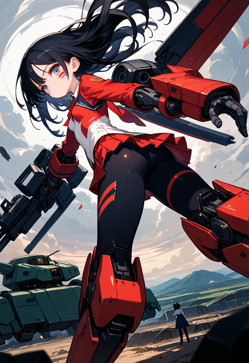 score_9, score_8_up,score_7_up, girl,summer school-uniform,superhero landing,(She has many weapons attached to her back and arms,radial),(guns,blades,mecha-arms),battle field,BREAK (14yo,detailed face,black hair,middle small breasts),dynamic angle,