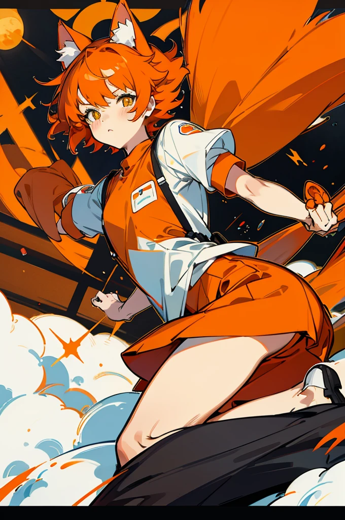 Orange cat ears, orange short hair, orange cat tail, hospital uniform, black pupils, boy AK47