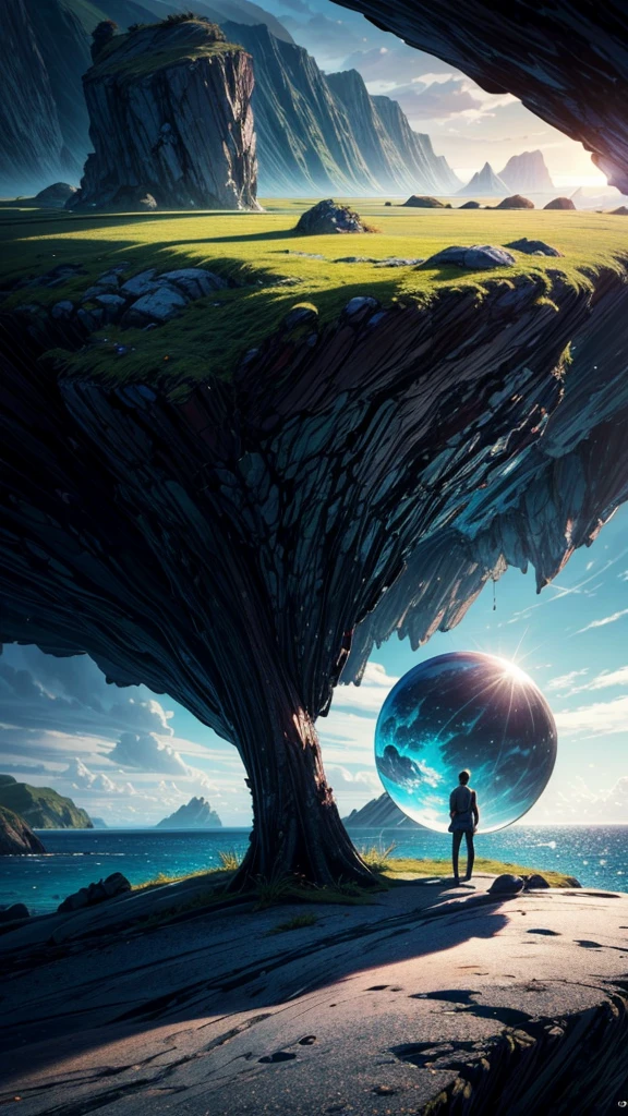 Very detailed, Super complex, Extremely precise, An island with a mysterious glow, Transparent full , Holographic gloss and reflections, Pursuing the expressiveness of mysterious light, BREAK Mysterious Plant, Detailed and precise, Brightly colored fruits, The charm of fresh green, Meticulous and delicate brushwork combined with aesthetic balance, BREAK Mysterious Rocks, Inorganic Silence, Detailed and realistic textures, The philosophy of loneliness, BREAK Mystical Water, High transparency, Fine and attractive liquid texture, The source of life, Absolute aesthetics beyond human rationality, Secret Beach, Tiny grains of sand, High quality sand, BREAK A magical island covered in mist, Mysterious accumulation, Mysterious light pours in, Dramatic lighting, Practical, Composition, Dynamic perspective, rest (((Full Color Image Center, A monochrome world spread across the circumference, Emphasize the mystery of the central island))), BREAK A work of art that depicts a mysterious island with extreme aesthetics, Super Retina,