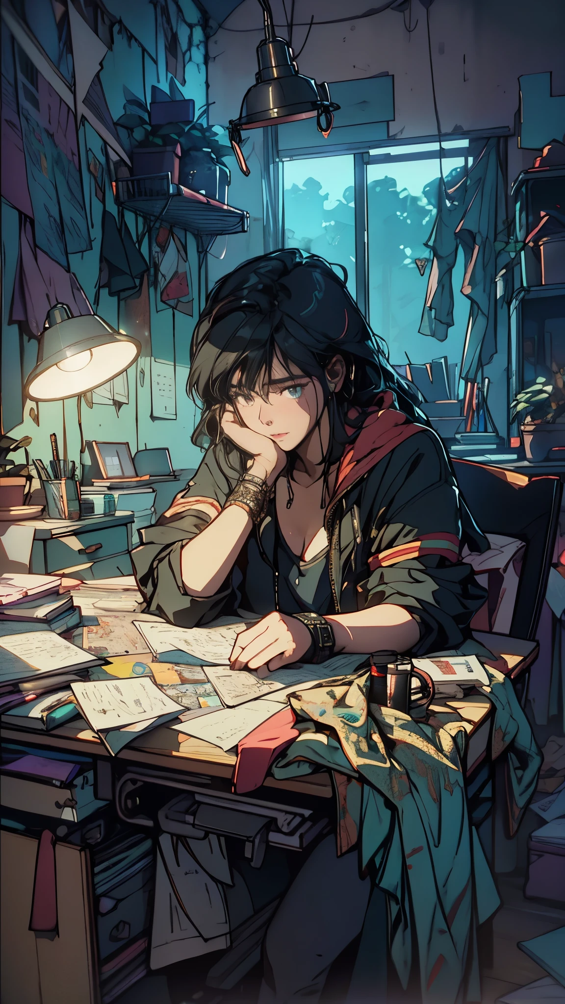A solo teenager girl sitting in a cluttered bedroom, looking at cryptic notes scattered on the desk, expression of doubt, massaging the temples, dim light from a desk lamp, detailed scene, ((Best quality)), ((masterpiece)), (detailed:1.4), fighting (High Dynamic Range), Super-Resolution, ,Subsurface scattering, PBR Texturing, Post-processing,Anisotropic Filtering, Depth-of-field, Maximum clarity and sharpness, Multi-layered textures, Albedo and Specular maps, Surface shading, Accurate simulation of light-material interaction, Perfect proportions, Octane Render, Two-tone lighting, Wide aperture,Low ISO, White balance, Rule of thirds