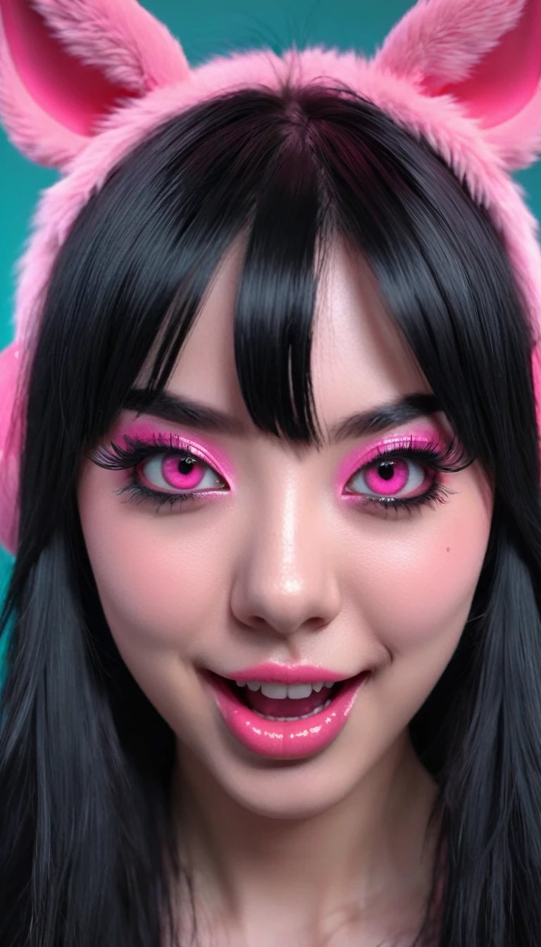 black hair, flowing hair, grimace, long eyelashes, solid round eyes, fake animal ears, slight smile, pink cheeks, fangs, precision, Surrealism, shading, anaglyph, stereoscopic, tachi-e, pov, atmospheric perspective, 8k, super detailed, best quality, ((close-up photo of 1/2 of girl's body))