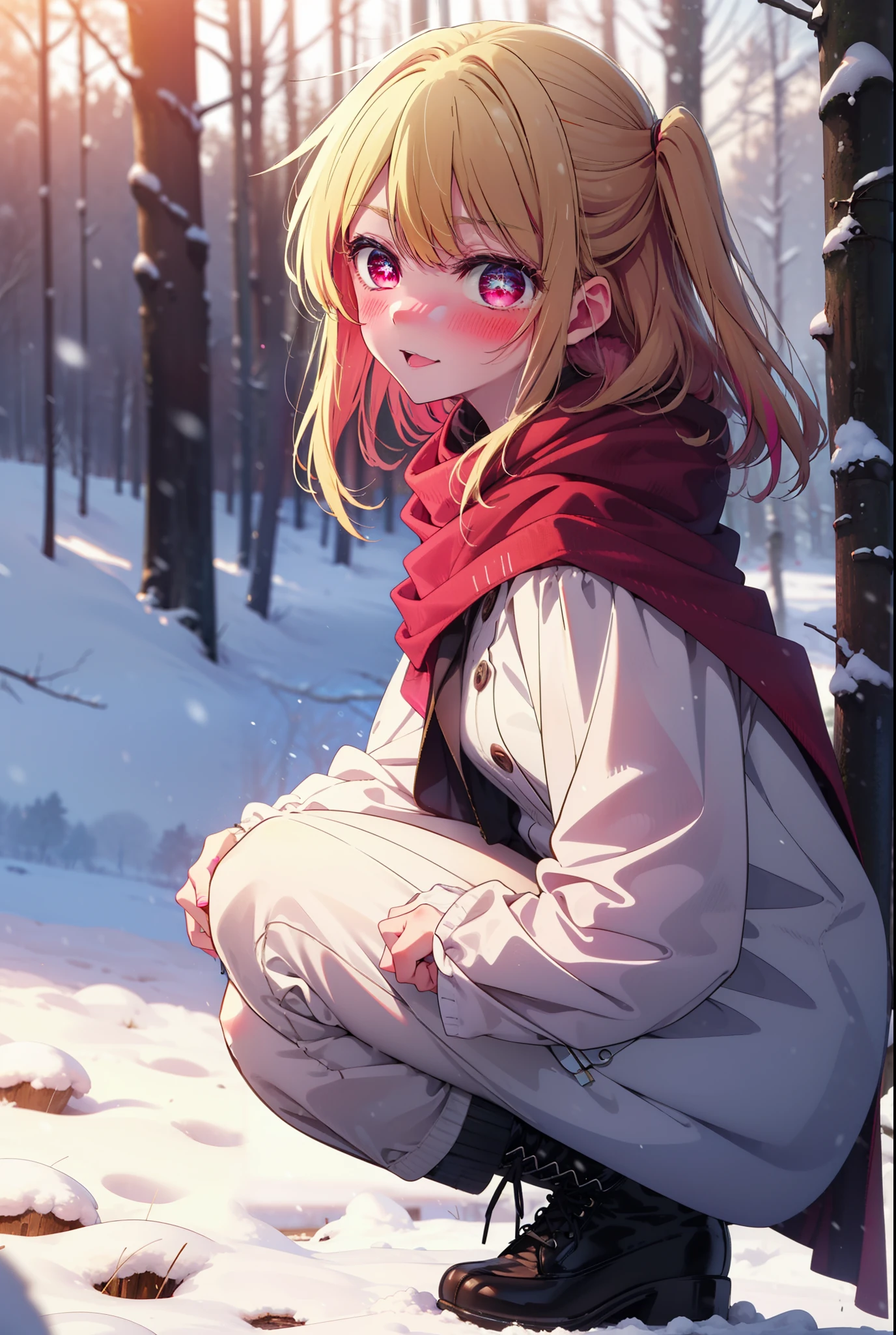 rubyhoshino, Hoshino Ruby, Long Hair, bangs, blonde, (Pink Eyes:1.3), Side Lock, (Symbol-shaped pupil:1.5), Multicolored Hair, Two-tone hair, smile,,smile,blush,white breath,
Open your mouth,snow,Ground bonfire, Outdoor, boots, snowing, From the side, wood, suitcase, Cape, Blurred, , forest, White handbag, nature, Squat, Mouth closed, Cape, winter, Written boundary depth, Black shoes, red Cape break looking at viewer, Upper Body, whole body, break Outdoor, forest, nature, break (masterpiece:1.2), Highest quality, High resolution, unity 8k wallpaper, (shape:0.8), (Beautiful and beautiful eyes:1.6), Highly detailed face, Perfect lighting, Extremely detailed CG, (Perfect hands, Perfect Anatomy),