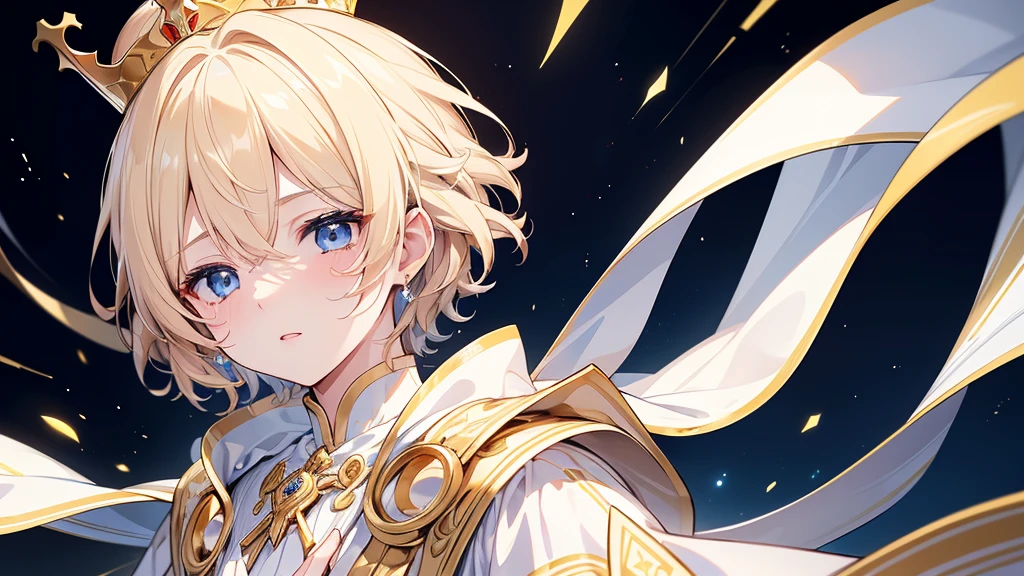 (Highest quality) (4K) (8k) (High resolution) (masterpiece:1.2) (Super detailed) One boy short hair Wizard Blue Eyes Long sleeve Golden decoration Hair between the eyes White Dress Wavy golden hair Upper Body (large crown) (White Background) (profile) Face close-up Are crying Young