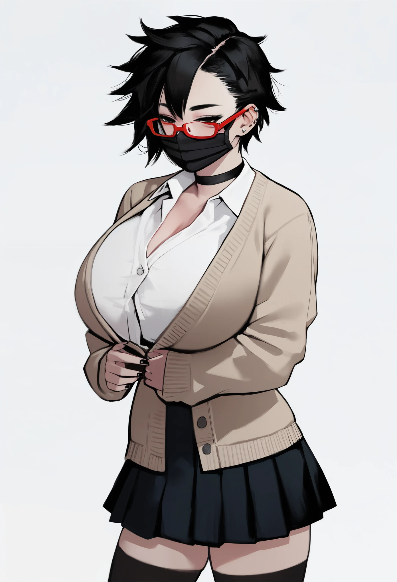 score_9, score_8_up, score_7_up, score_6_up, score_5_up, score_4_up,
BREAK
1girl, (black hair:1.2), bob cut, short hair, tomboy, black eyes, (black mouth mask:1.1), long eyelashes, half-closed eyes, (red-framed eyewear:1.1), black choker, messy hair, (asymmetrical hair:1.2), adult, mature, black eyeliner, ear piercing,
BREAK
solo, standing, wave, huge breasts, adult, broad shoulders, tall, white collared shirt, long sleeves, light brown cardigan, open cardigan, black pleated skirt, black microskirt, black miniskirt, (black thighhighs:1.1), (shirt tucked in:1.1), black nails, skinny,
BREAK
white background, simple background,