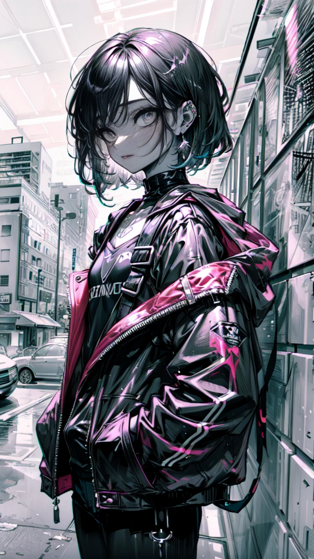 One girl, Goth Punk Haircut, In-person audience, Flat bangs, Outdoor, Leaning against a wall, Black Lipstick, Black Lips, Goth Makeup, Smokey Eye, eye shadow, eyeliner, Medium chest, Earrings, Long sleeve
