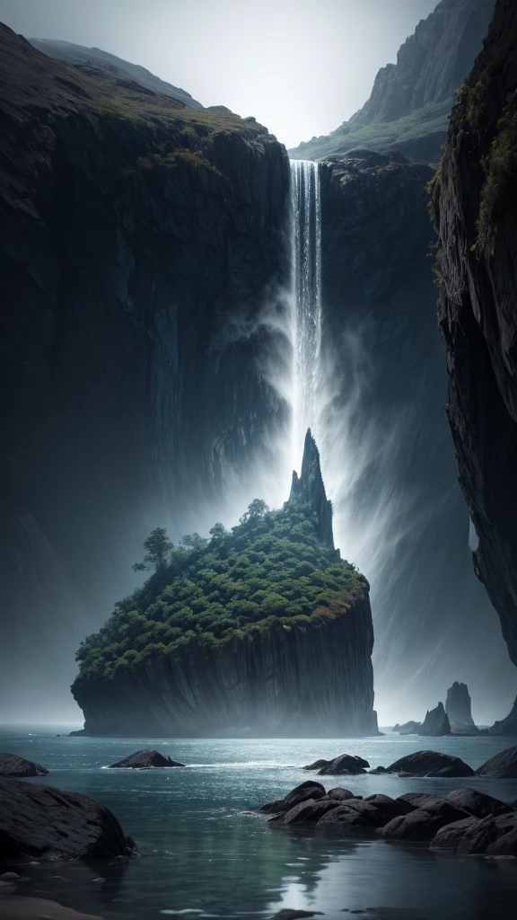 Very detailed, Super complex, Extremely precise, An island with a mysterious glow, Transparent full , Holographic gloss and reflections, Pursuing the expressiveness of mysterious light, BREAK Mysterious Plant, Detailed and precise, Brightly colored fruits, The charm of fresh green, Meticulous and delicate brushwork combined with aesthetic balance, BREAK Mysterious Rocks, Inorganic Silence, Detailed and realistic textures, The philosophy of loneliness, BREAK Mystical Water, High transparency, Fine and attractive liquid texture, The source of life, Absolute aesthetics beyond human rationality, Secret Beach, Tiny grains of sand, High quality sand, BREAK A magical island covered in mist, Mysterious accumulation, Mysterious light pours in, Dramatic lighting, Practical, Composition, Dynamic perspective, rest (((Full Color Image Center, A monochrome world spread across the circumference, Emphasize the mystery of the central island))), BREAK A work of art that depicts a mysterious island with extreme aesthetics, Super Retina,
